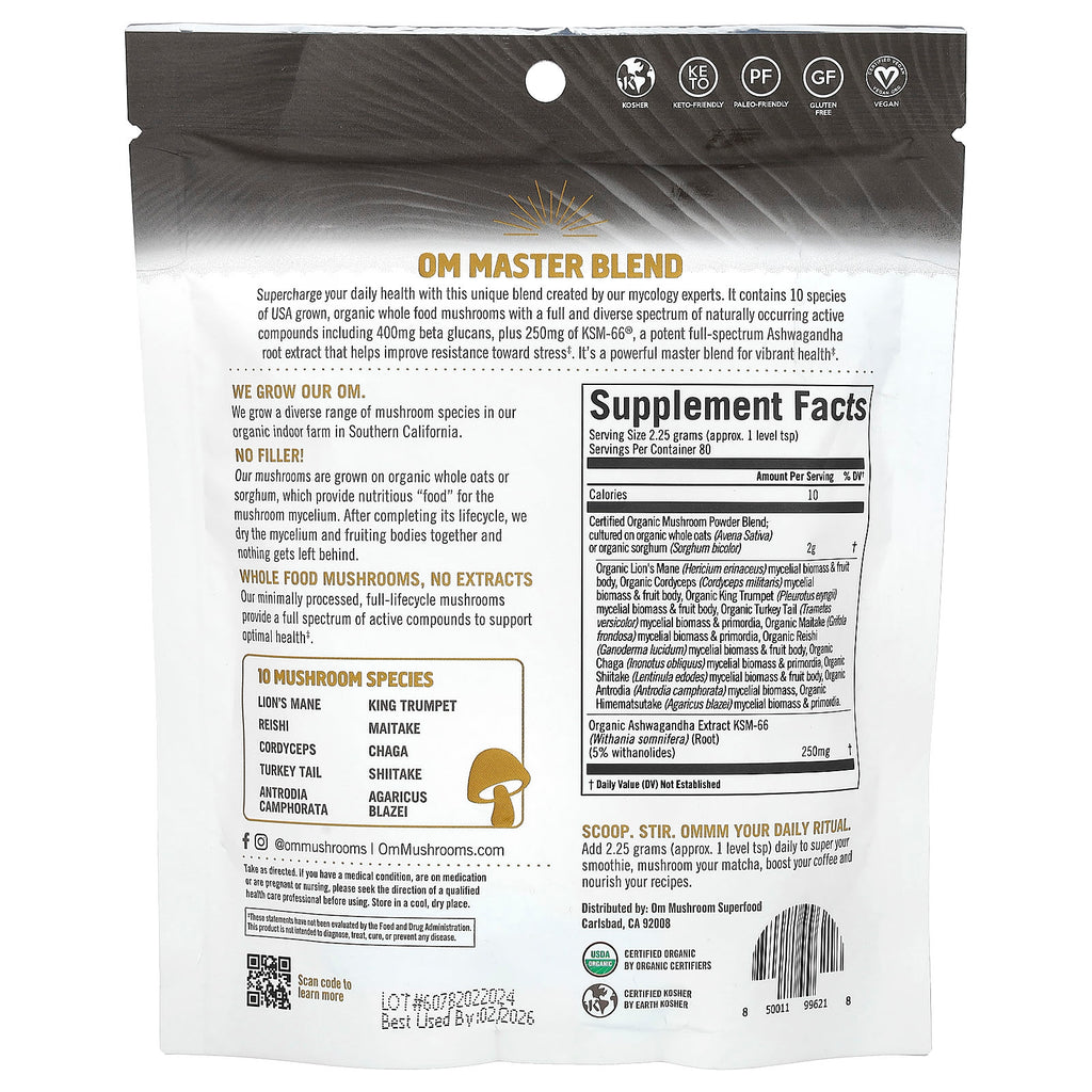 Om Mushrooms, Master Blend, Certified Organic Mushroom Powder + Botanicals, 6.34 oz (180 g)