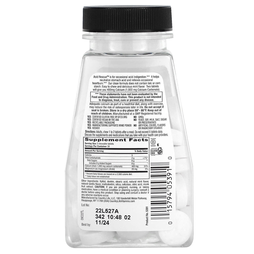 Country Life, Acid Rescue, Calcium Carbonate, Mint, 60 Chewable Tablets