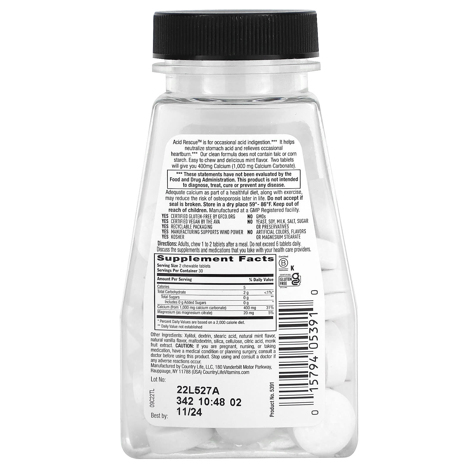 Country Life, Acid Rescue, Calcium Carbonate, Mint, 60 Chewable Tablets