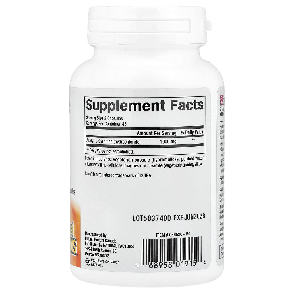 Natural Factors, RegenerLife®, Acetyl-LCarnitine, 90 Vegetarian Capsules (500 mg per Capsule)