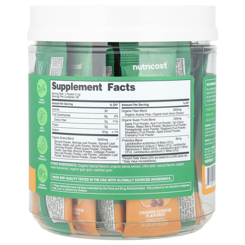 Nutricost, Organic Super Greens, Orange Sunrise, 20 Stick Packs, 0.4 oz (11 g) Each