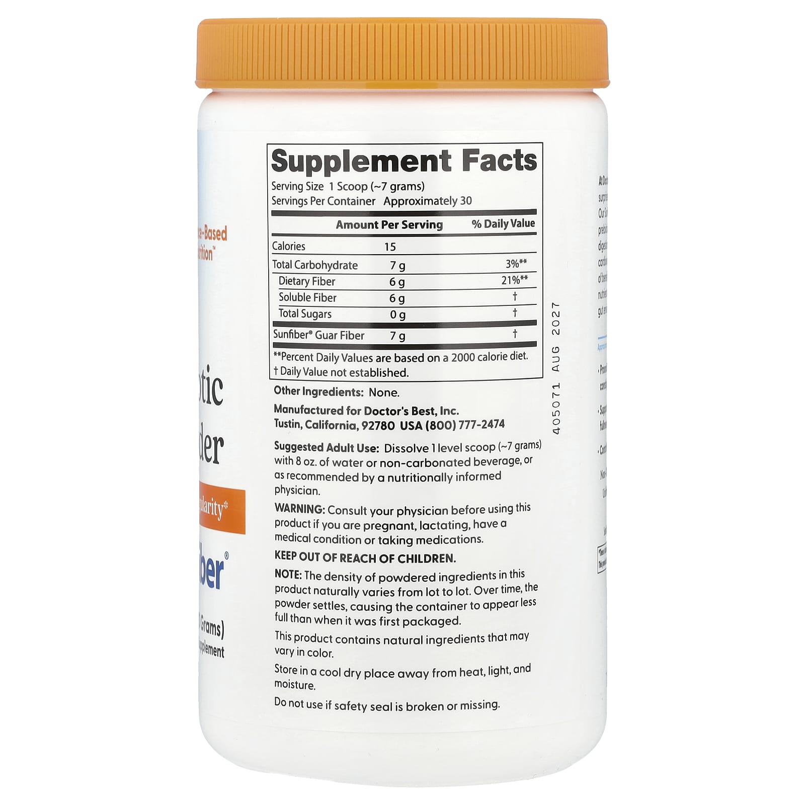 Doctor's Best, Prebiotic Powder, Sunfiber®, Unflavored, 7.4 oz (210 g)