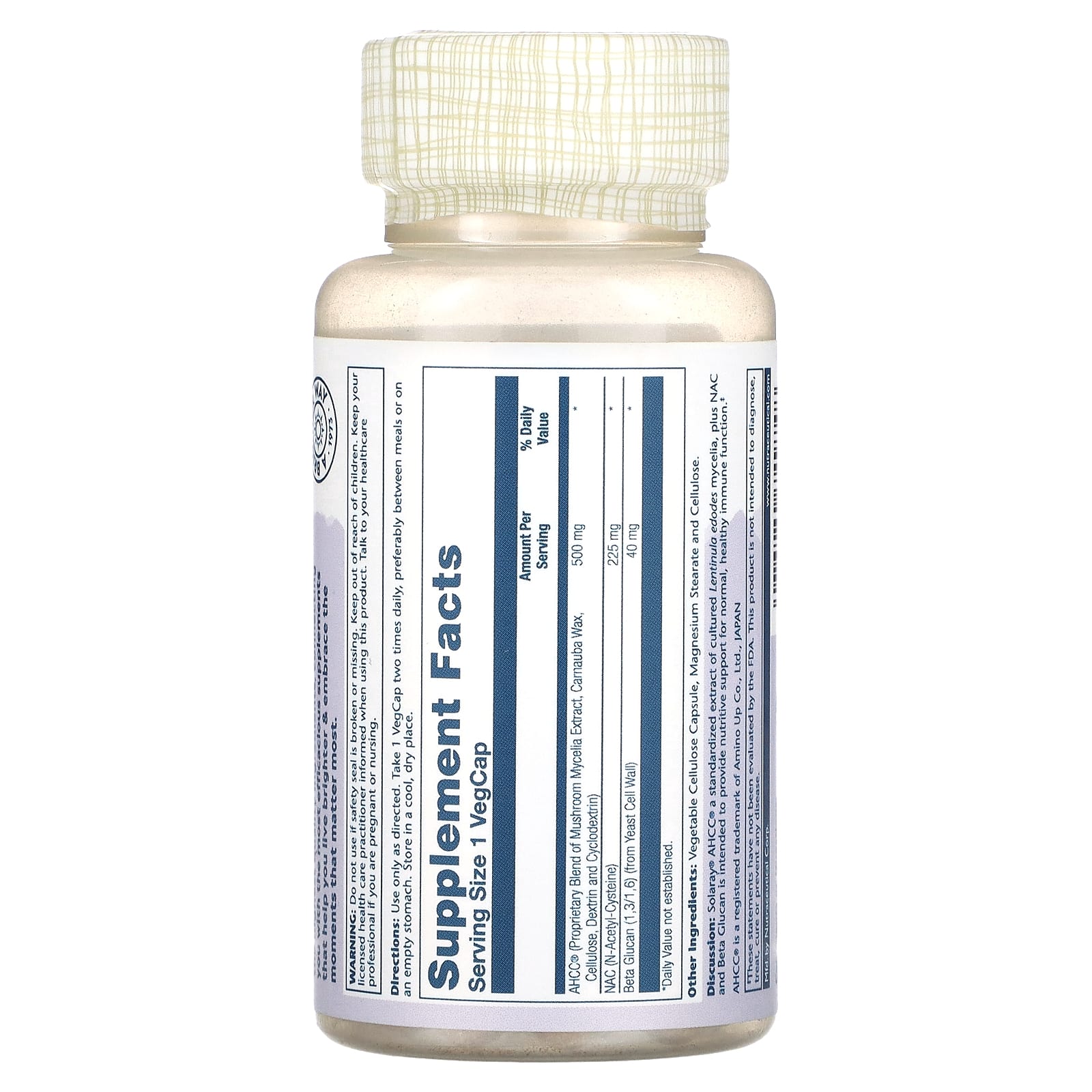 Solaray, AHCC Plus NAC & Beta Glucan With Mushroom Mycelia Extract, 30 Vegecaps