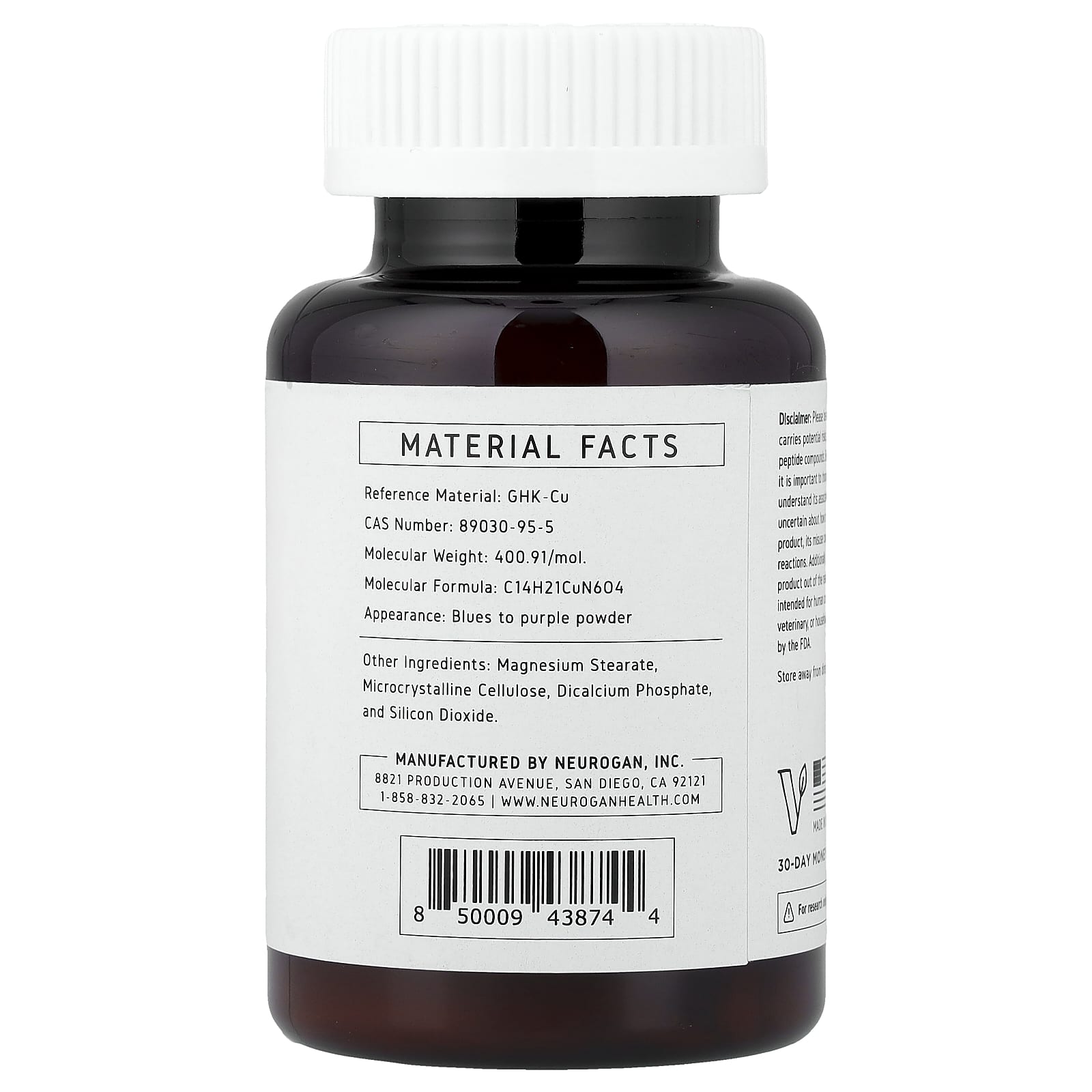 Neurogan Health, Copper Peptide GHK-CU , 120 mcg, 60 Tablets, 0.52 oz (15 g)