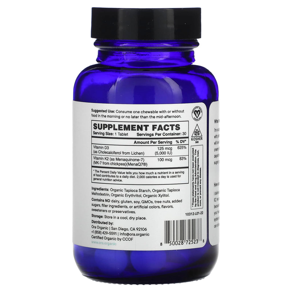 Ora, Sol Food, High Potency Vitamin D3 & K2, 30 Chewable Tablets