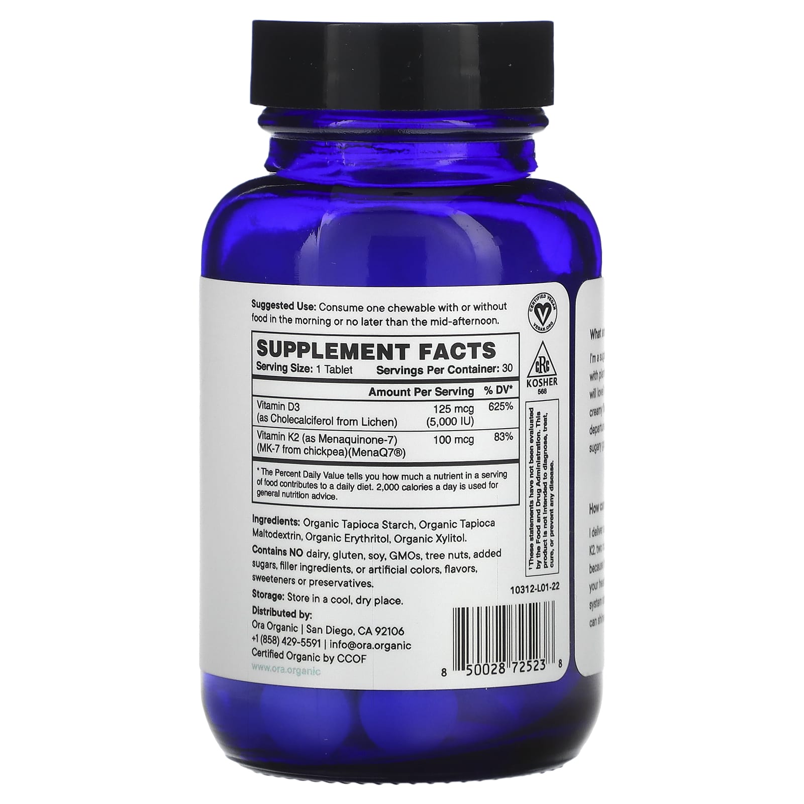 Ora, Sol Food, High Potency Vitamin D3 & K2, 30 Chewable Tablets