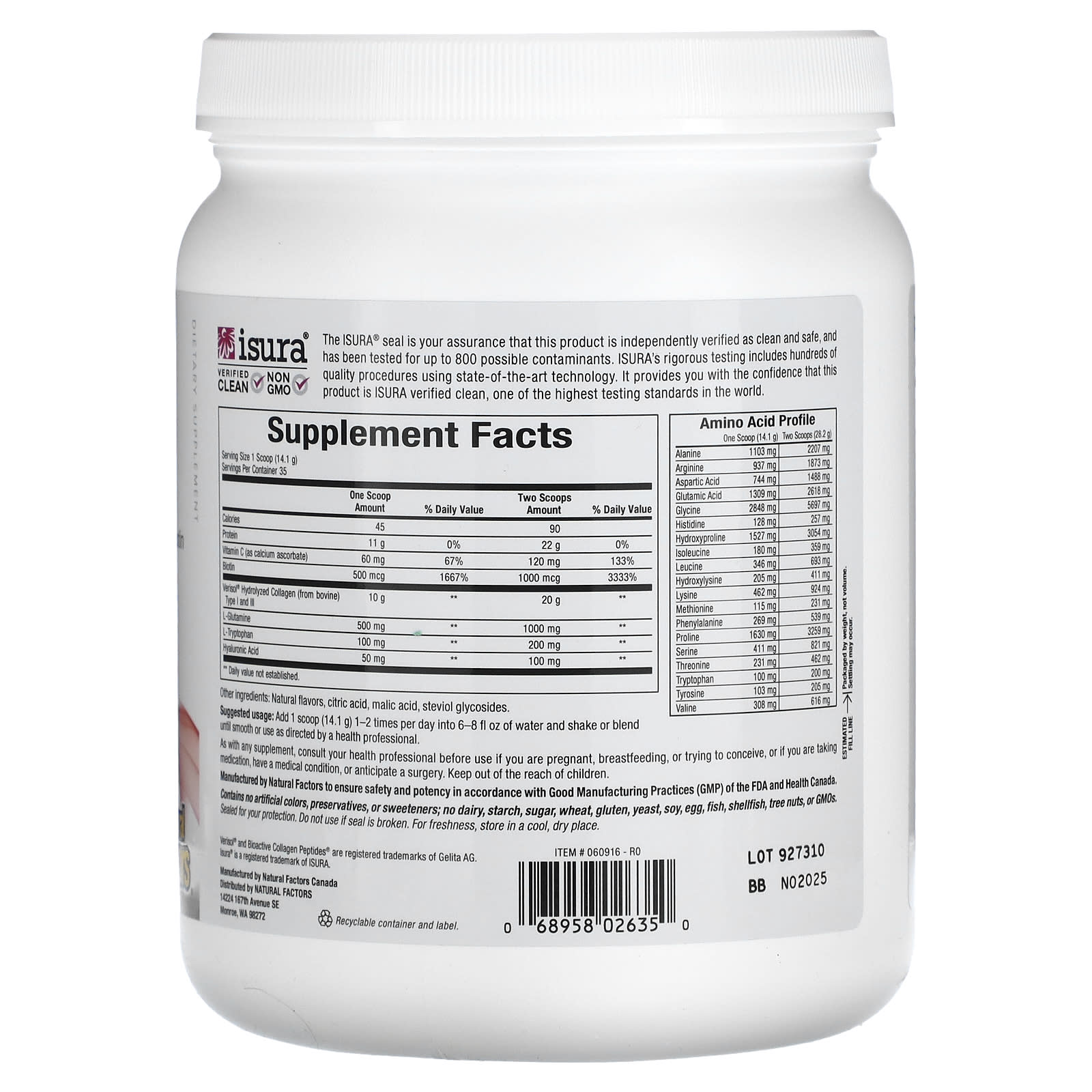 Natural Factors, Total Body Collagen, Bioactive Peptides, Pomegranate, 1 lb 1 oz (500 g)