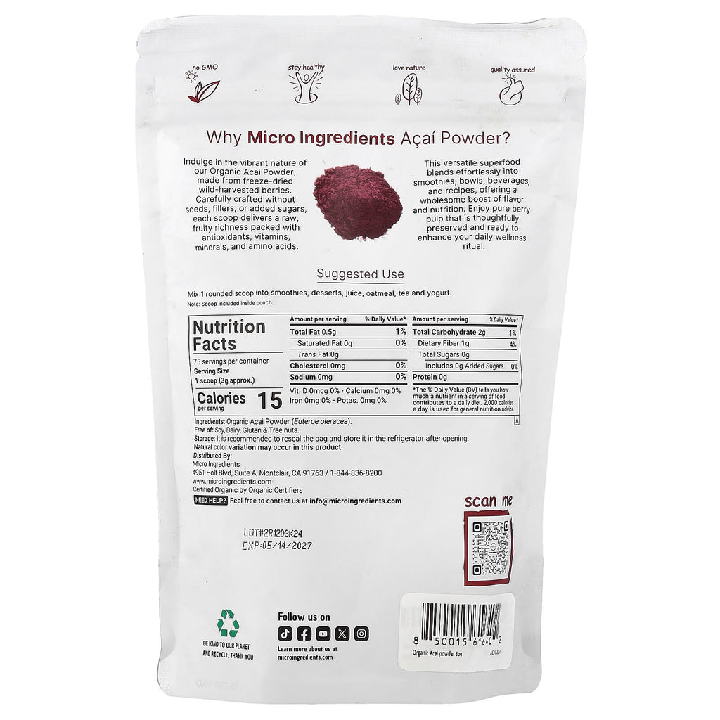 Micro Ingredients, Organic Acai Powder, Freeze Dried, 8 oz (227 g)