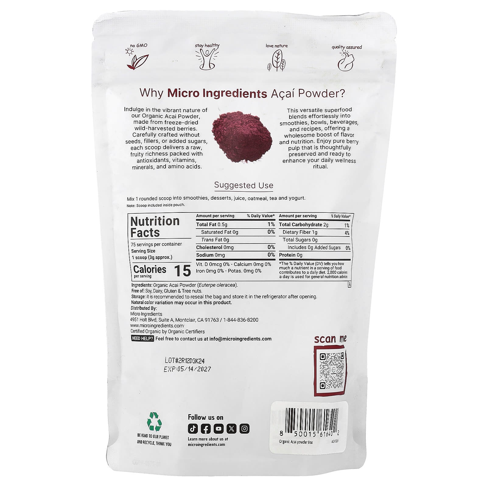 Micro Ingredients, Organic Acai Powder, Freeze Dried, 8 oz (227 g)