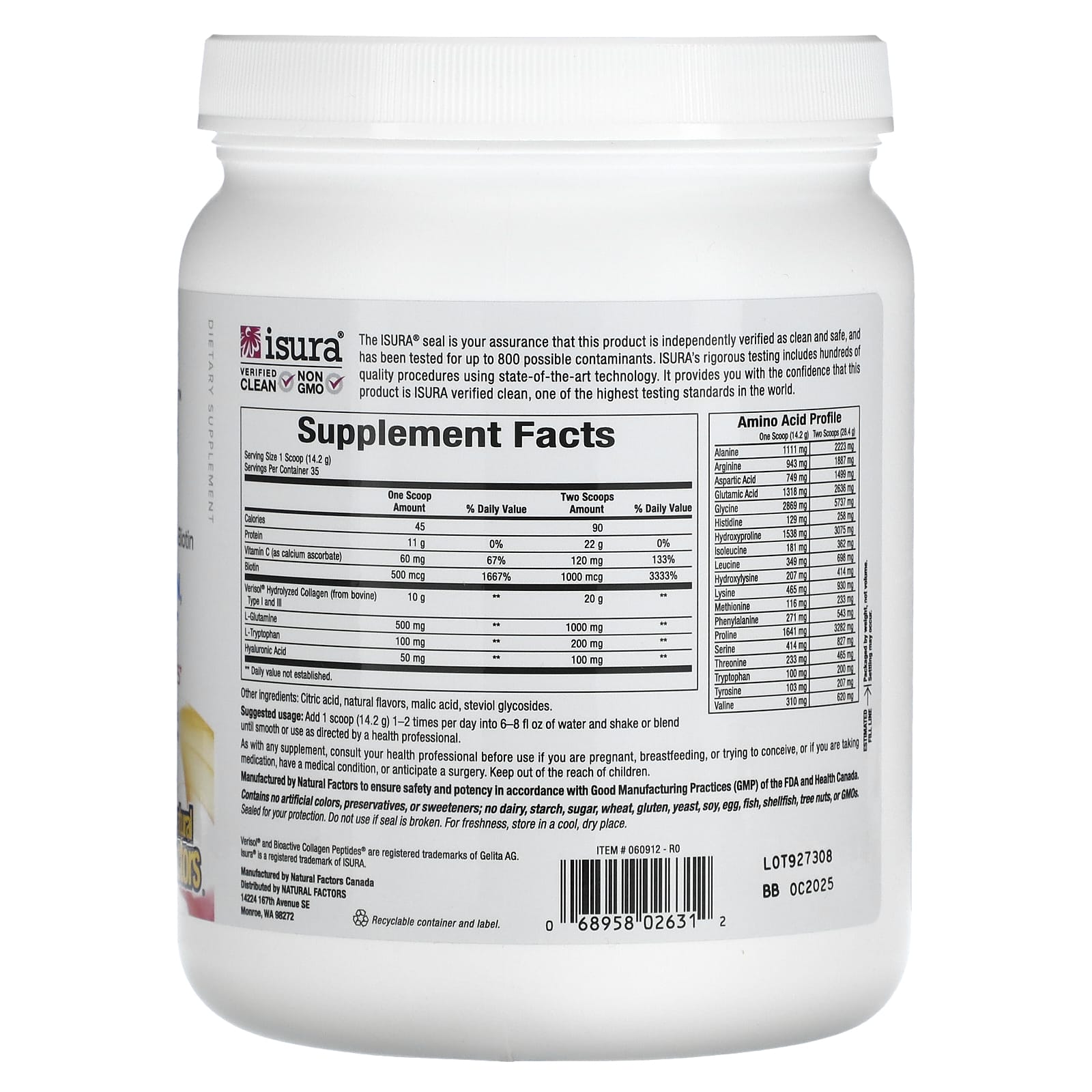 Natural Factors, Total Body Collagen, Bioactive Peptides, Orange, 1 lb 1 oz (500 g)