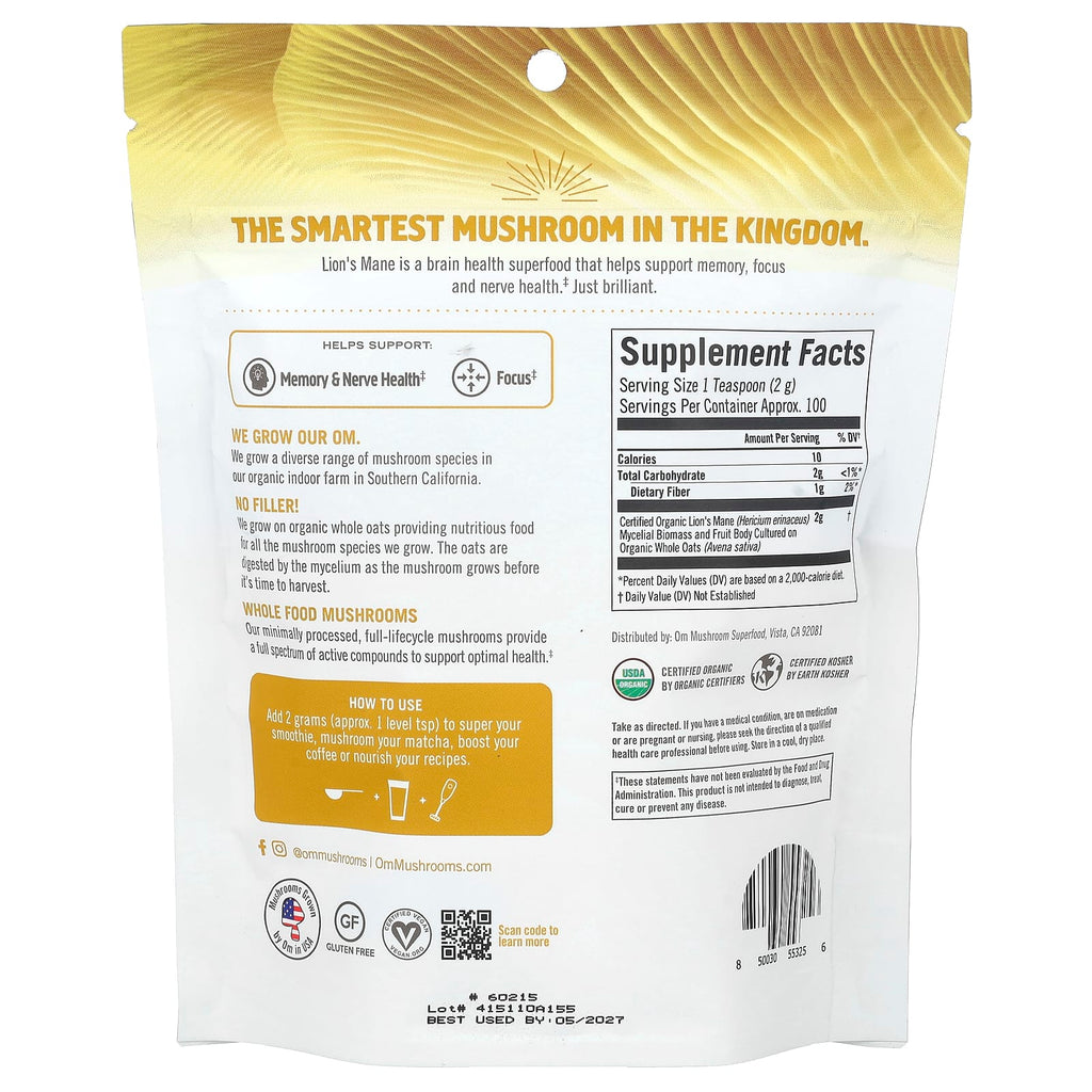 Om Mushrooms, Organic Mushroom Powder, Lion's Mane, 7.05 oz ( 200 g)