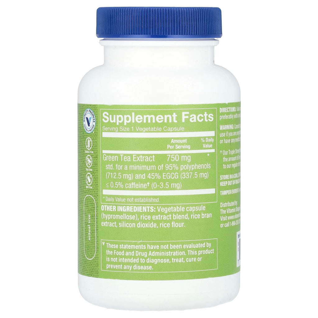 The Vitamin Shoppe, Green Tea Extract, Triple Strength, Decaffeinated, 100 Vegetable Capsules (750 mg per Capsule)