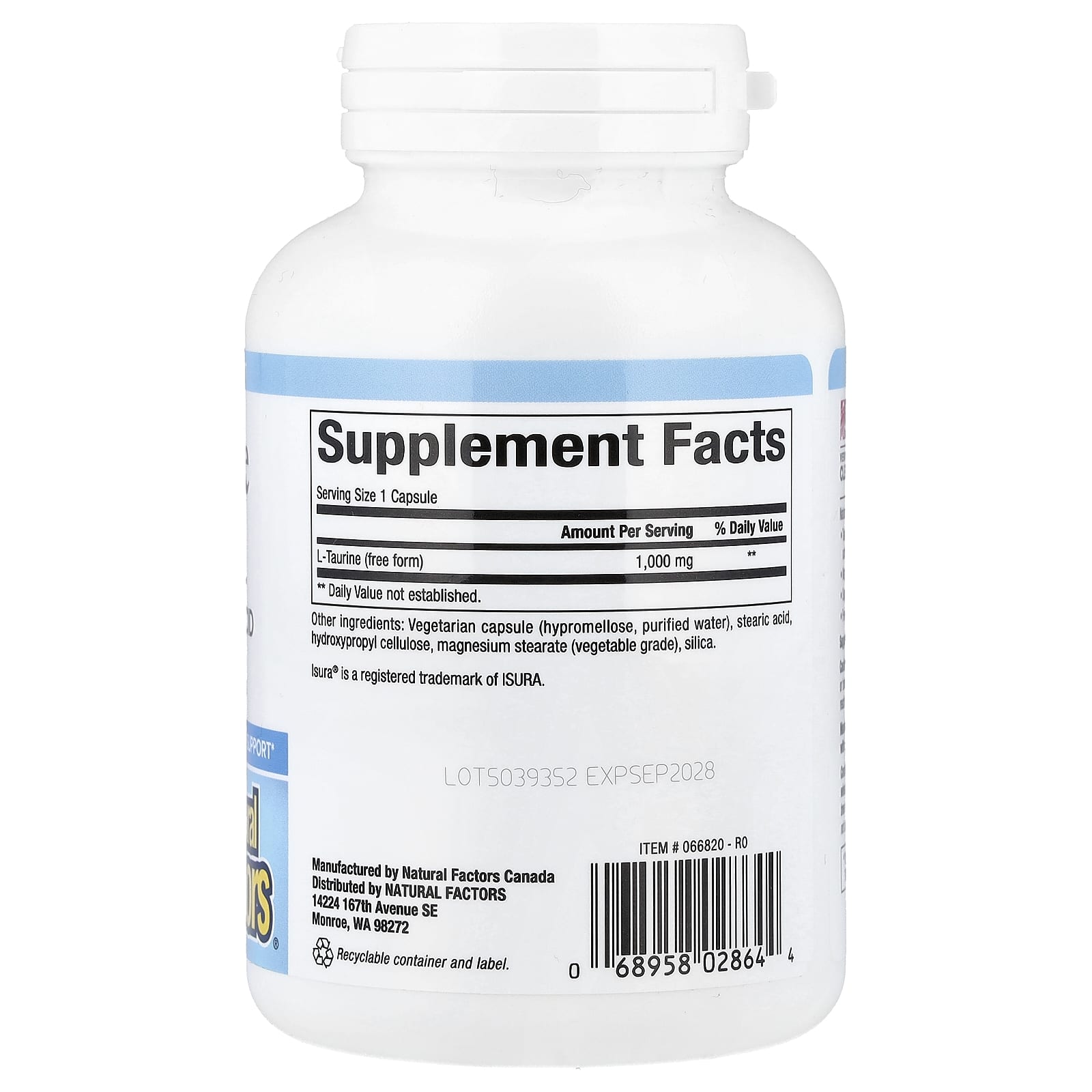 Natural Factors, L-Taurine , 1,000 mg, 100 Vegetarian Capsules