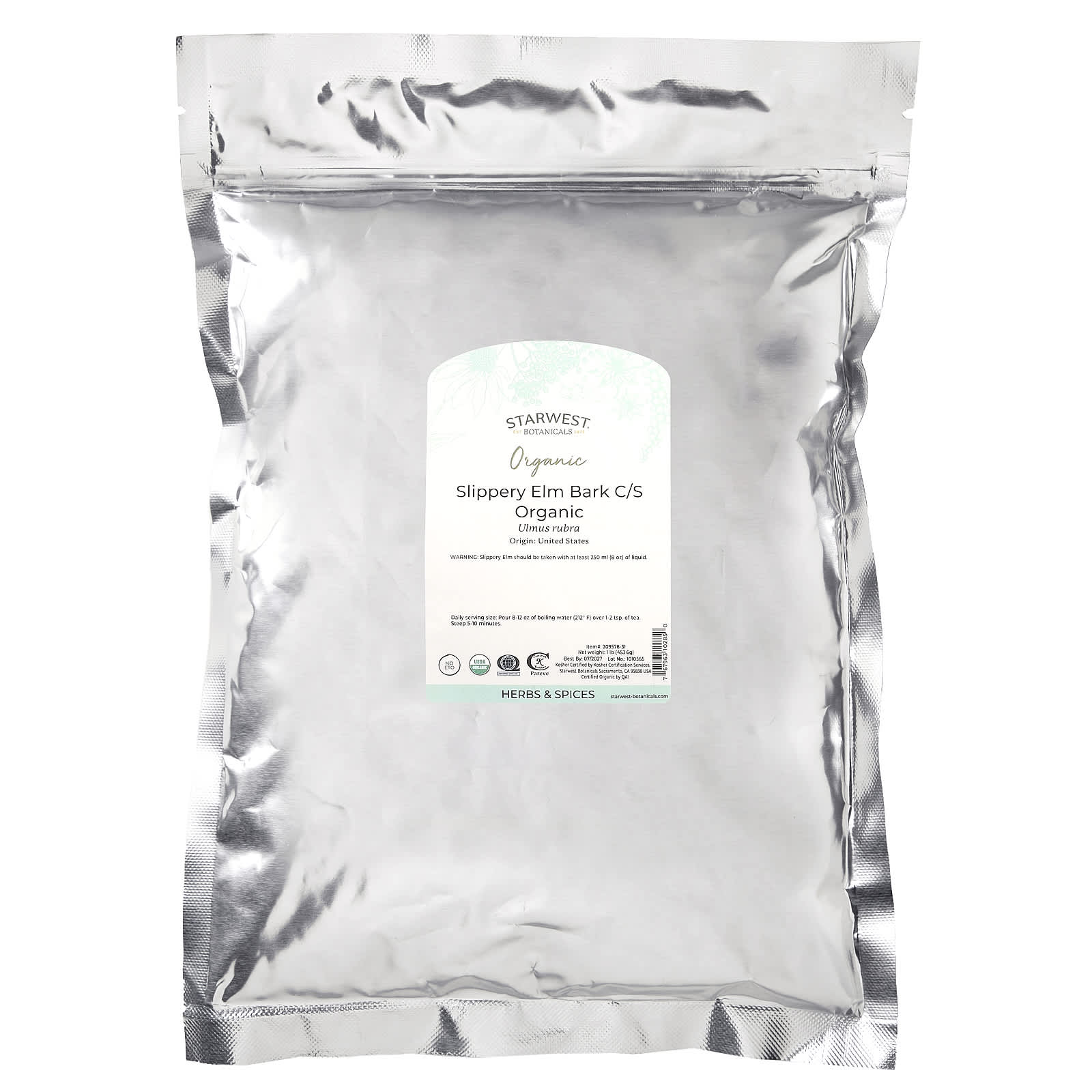 Starwest Botanicals, Organic Slippery Elm Bark C/S, 1 lb (453.6 g)