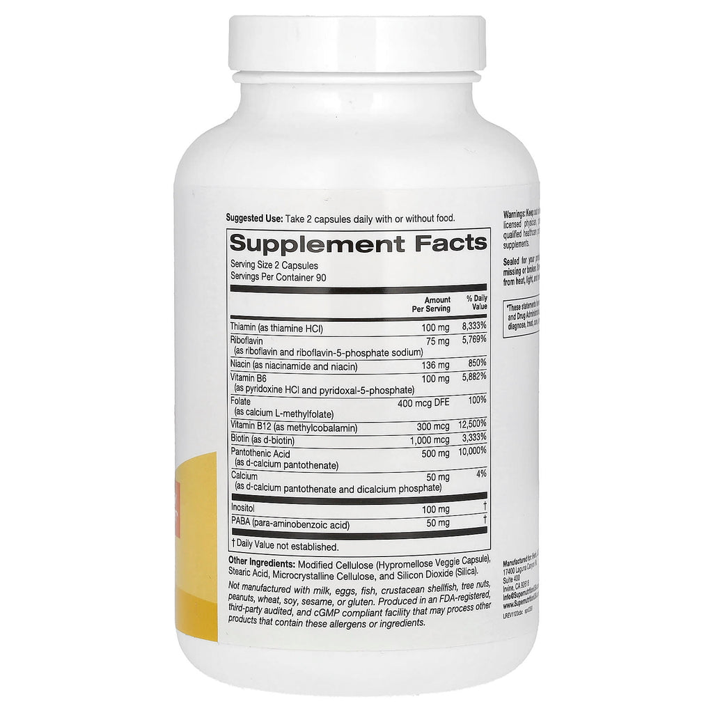 Super Nutrition, Complete B Complex with L-Methylfolate with Biotin, Pantothenic Acid, Niacin and Vitamin B12, 180 Veggie Capsules