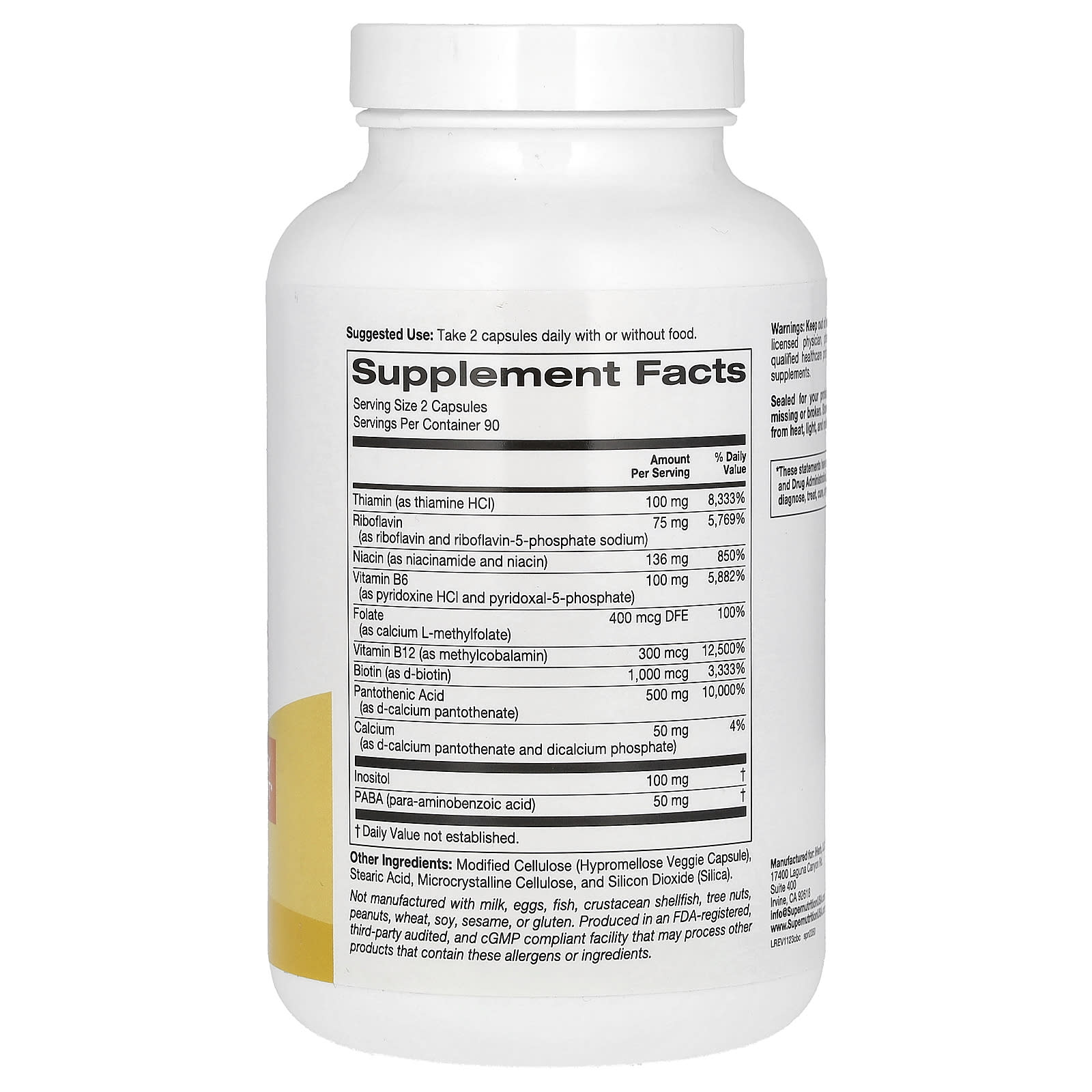 Super Nutrition, Complete B Complex with L-Methylfolate with Biotin, Pantothenic Acid, Niacin and Vitamin B12, 180 Veggie Capsules