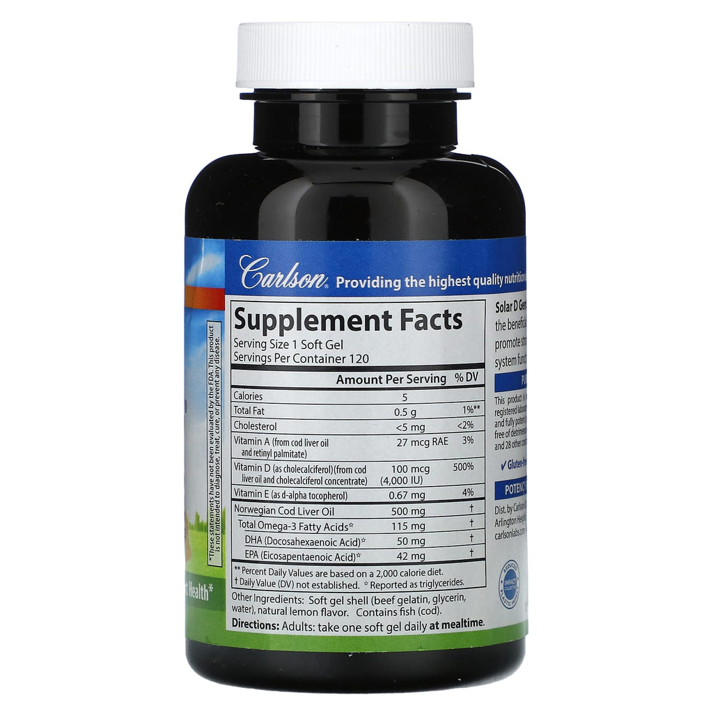 Carlson, Solar D Gems® , Vitamin D3 + Omega-3s, Natural Lemon, 120 Soft Gels