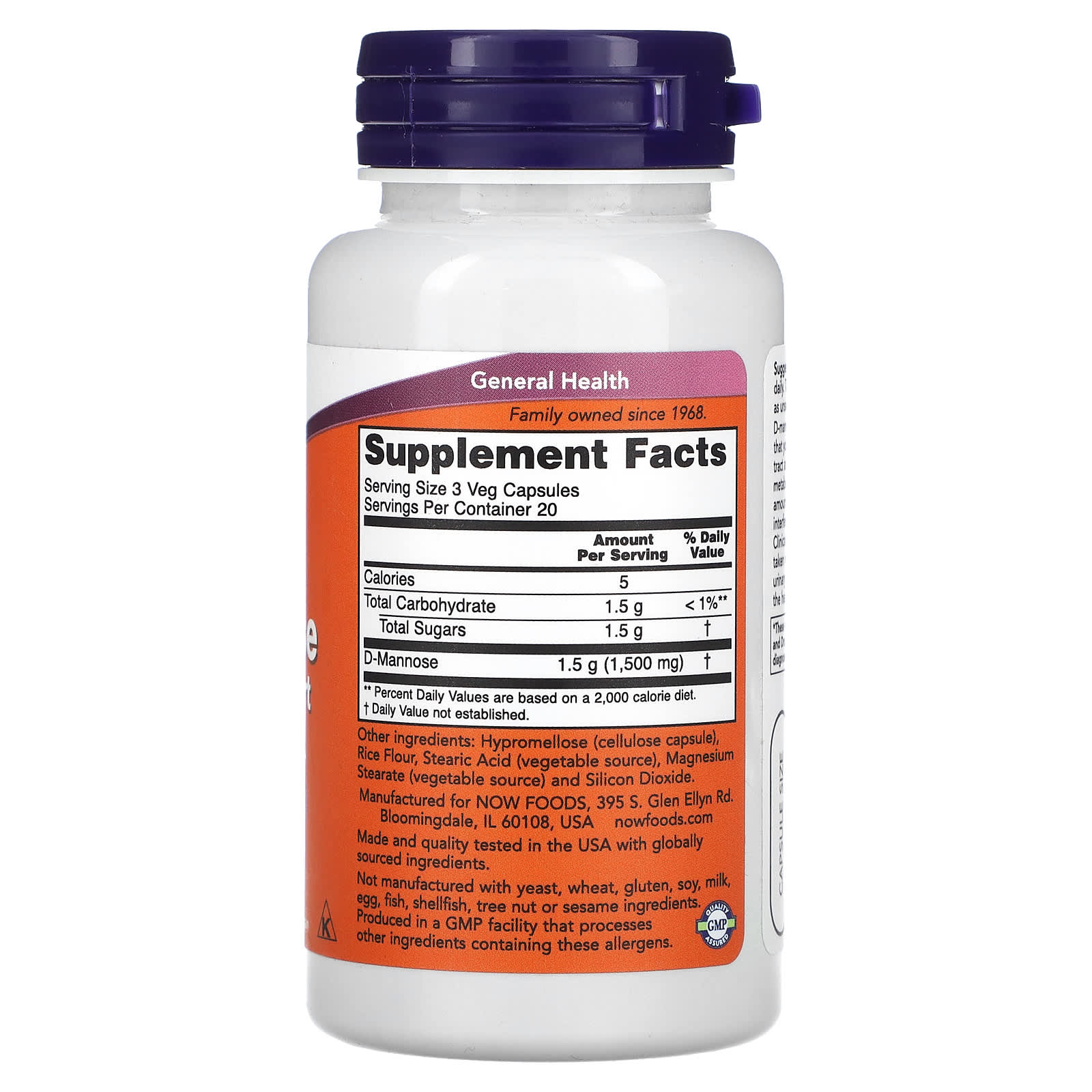 NOW Foods, D-Mannose, 500 mg, 60 Veg Capsules