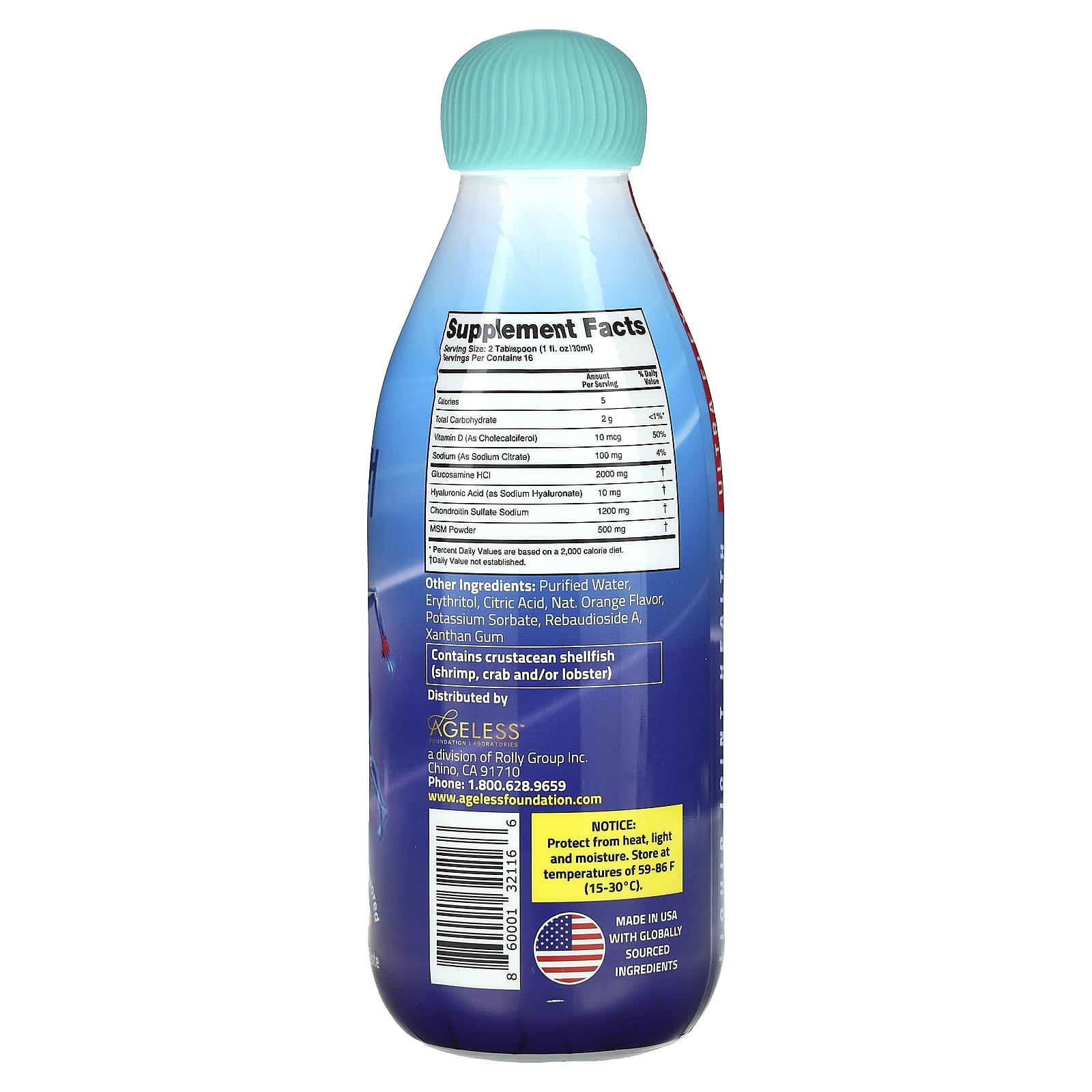 Ageless Foundation Laboratories, Liquid Joint Health, Ultra Flex Gold, Sugar Free, Orange, 16 fl oz (474 ml)