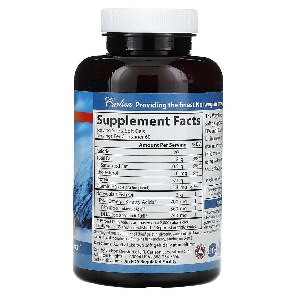 Carlson, The Very Finest Fish Oil, Natural Lemon, 120 Soft Gels