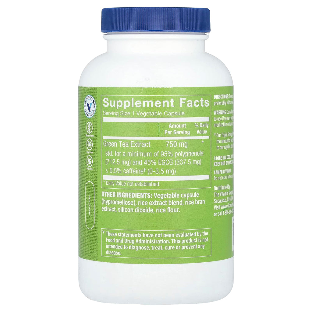 The Vitamin Shoppe, Green Tea Extract, Triple Strength, Decaffeinated, 200 Vegetable Capsules (750 mg per Capsule)
