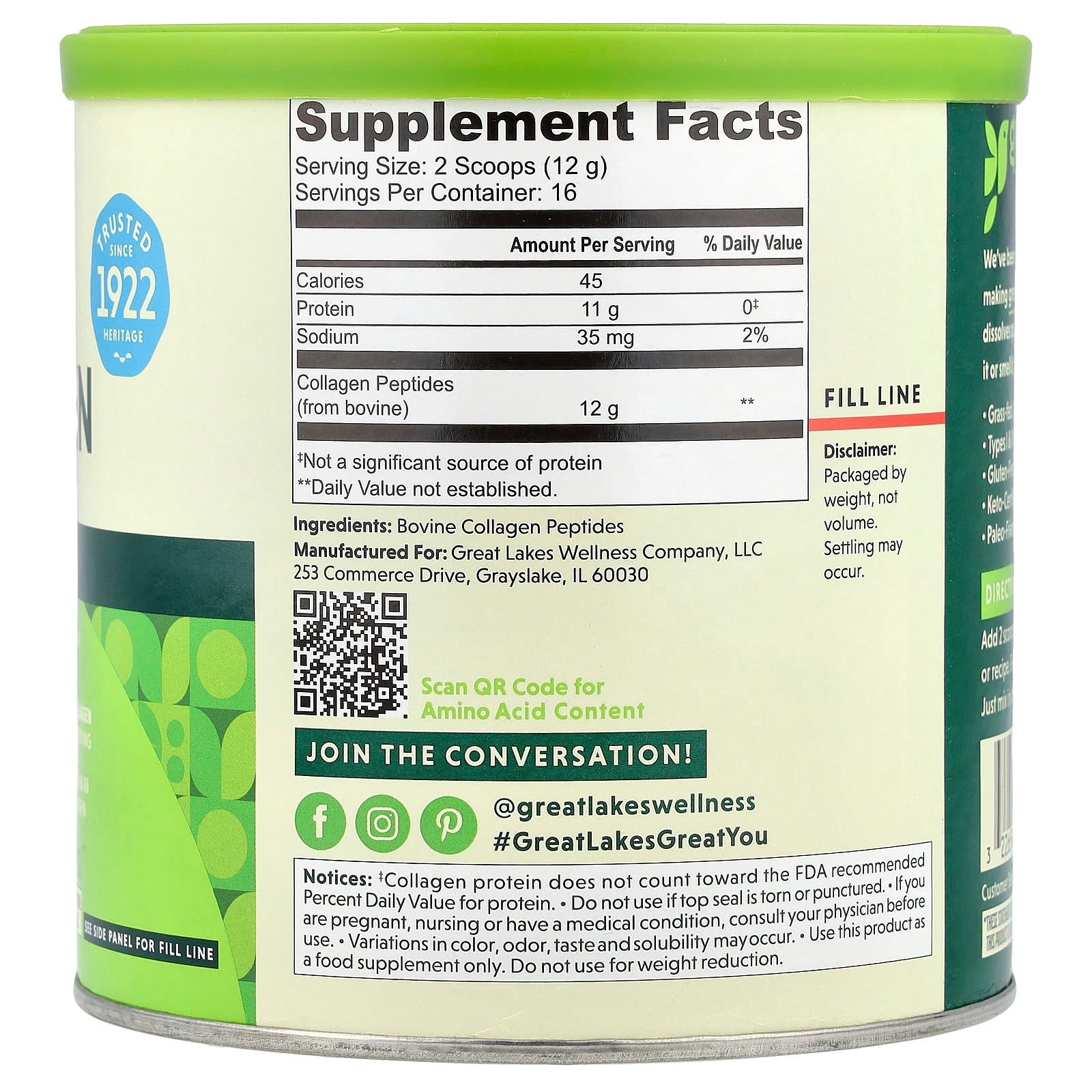 Great Lakes Wellness, Quick Dissolve Collagen Peptides, Daily Wellness, Unflavored, 7 oz (198 g)