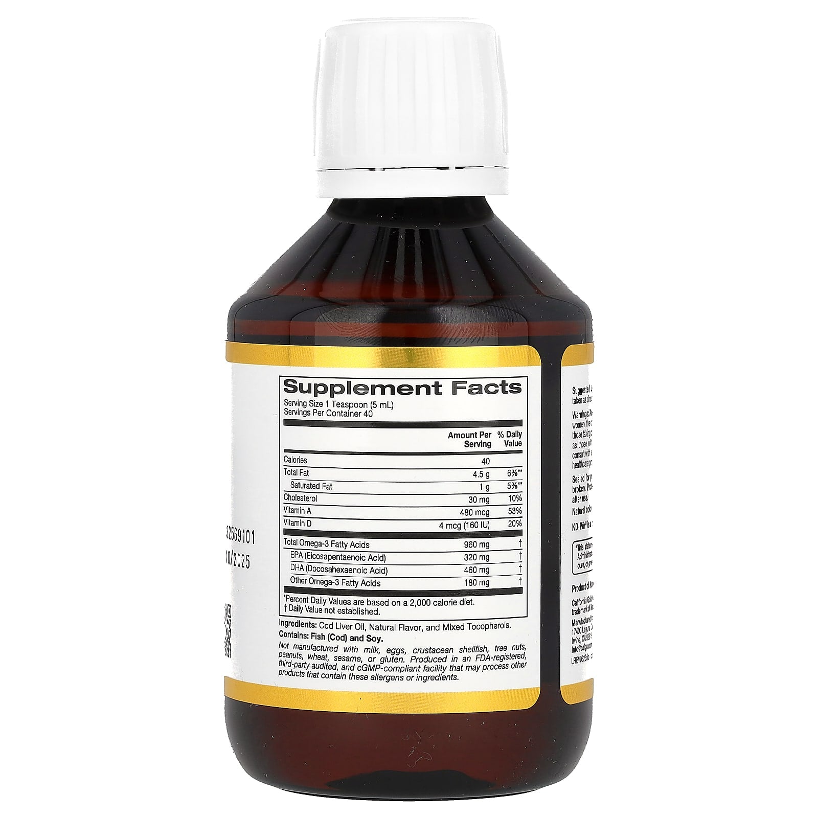 California Gold Nutrition, Cod Liver Oil with Omega-3 Fatty Acids, EPA, DHA, Vitamins A and D, Norwegian, Triglyceride Form, Natural Lemon, 6.7 fl oz (200 ml)