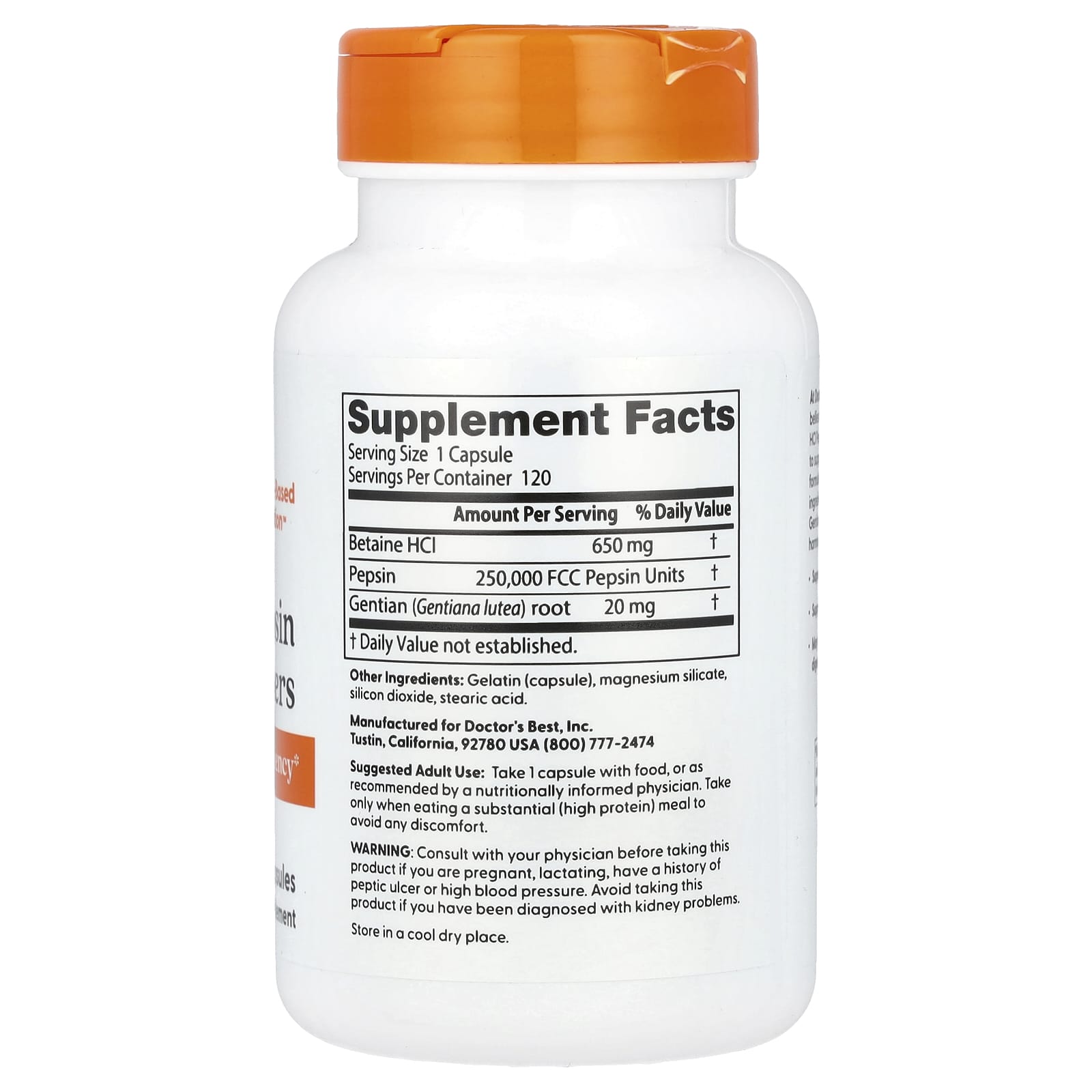 Doctor's Best, Betaine HCl Pepsin & Gentian Bitters, 120 Capsules