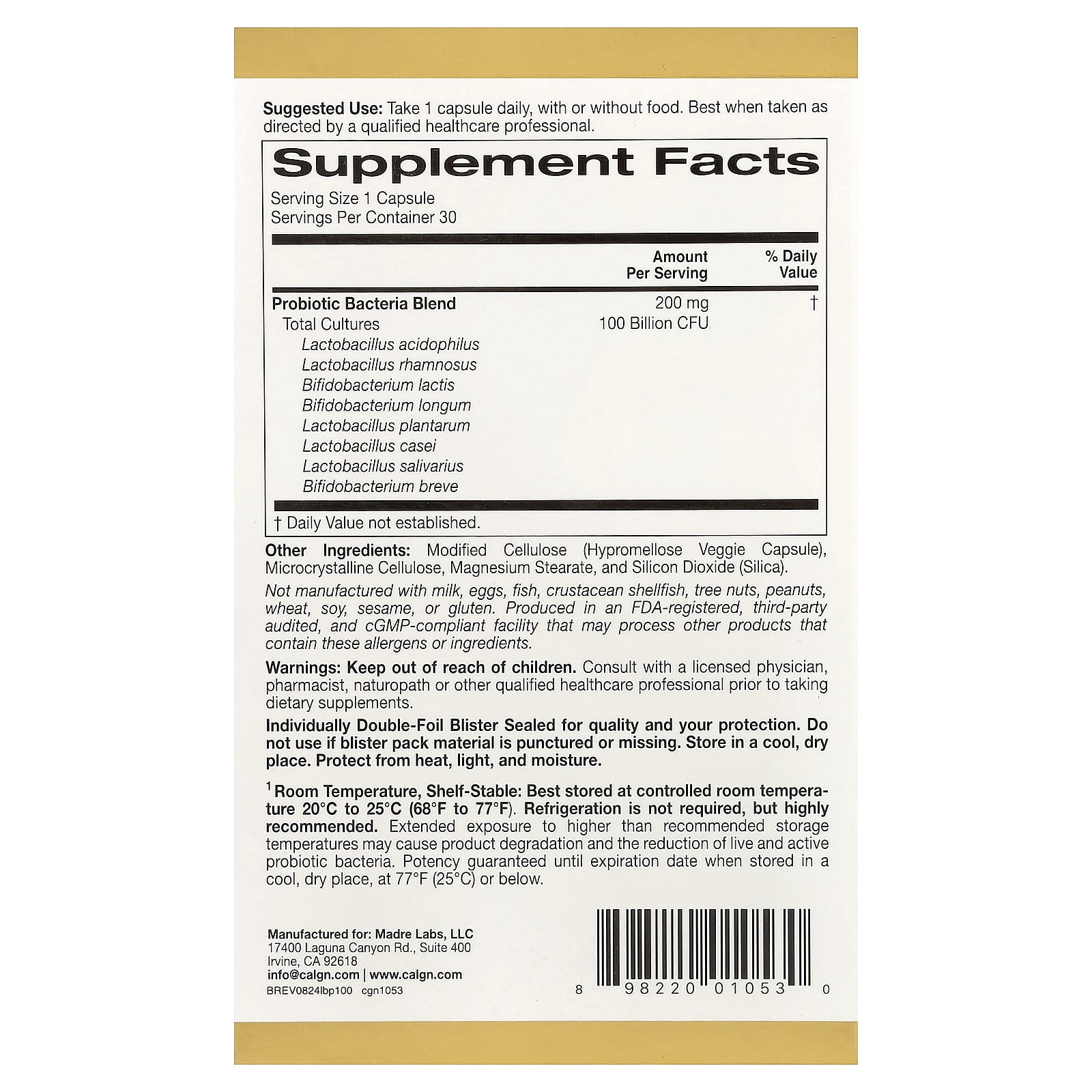 California Gold Nutrition, LactoBif® 100 Probiotics, 100 Billion CFU, 30 Veggie Capsules