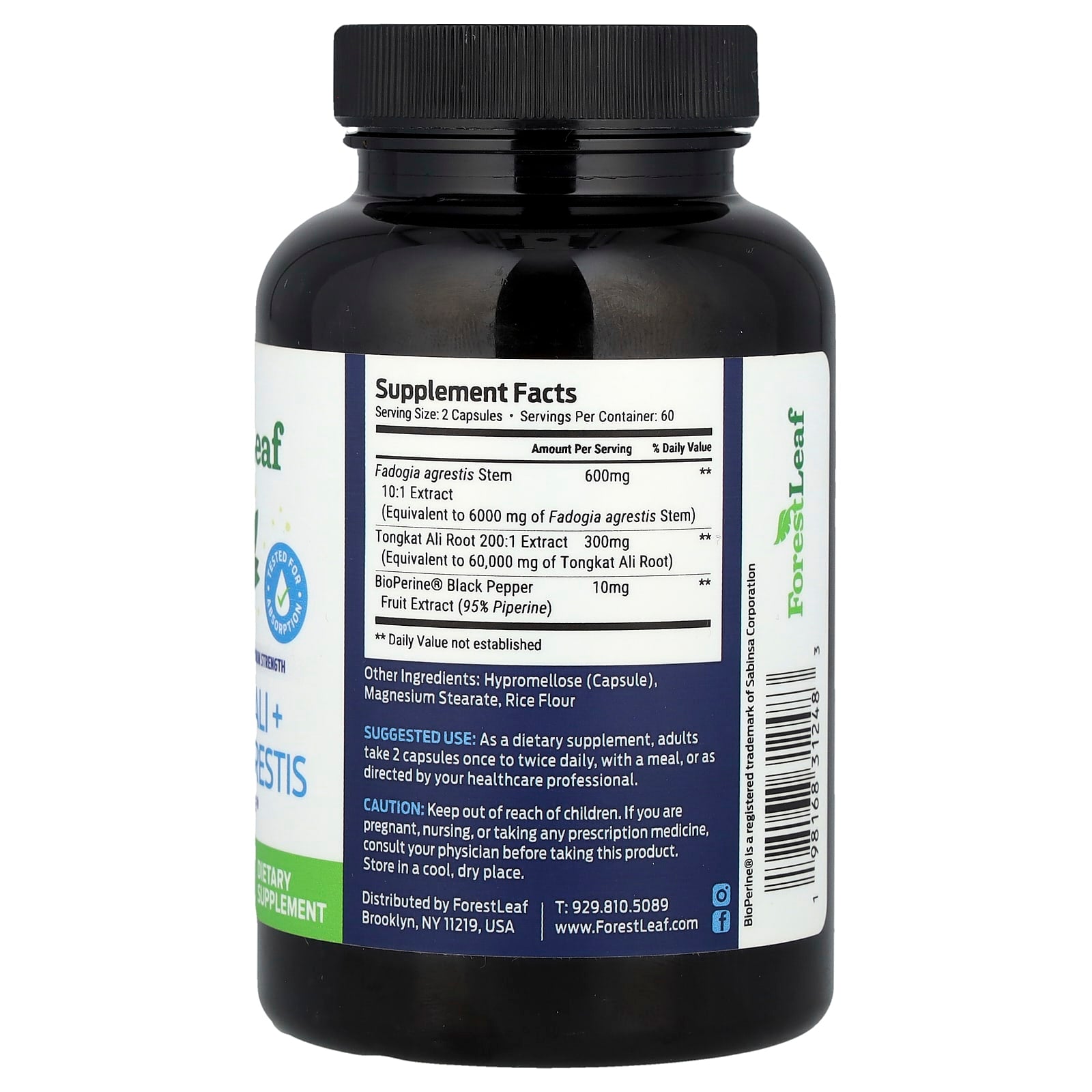 Forest Leaf, Tongkat Ali + Fadogia Agrestis + BioPerine®, 120 Vegetable Capsules