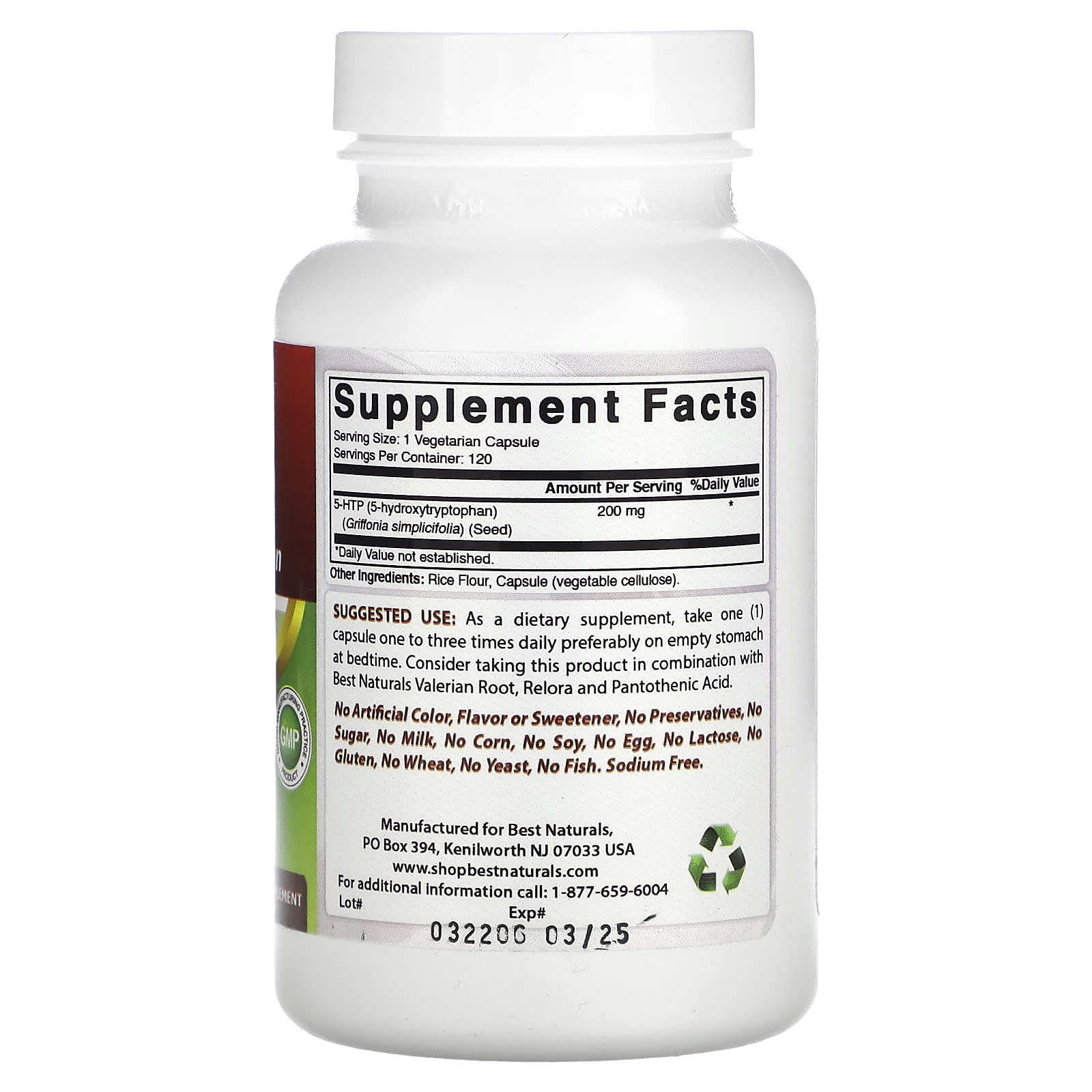 Best Naturals, 5-HTP (5-Hydroxytryptophan), 200 mg, 120 Vegetarian Capsules