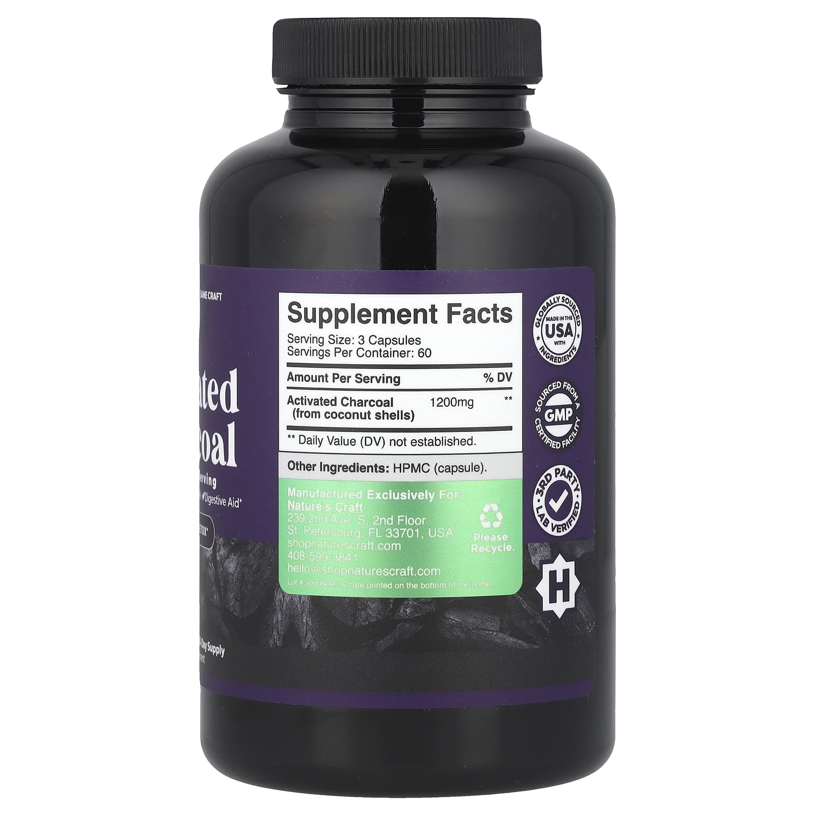 Nature's Craft, Activated Charcoal, 180 Veggie Capsule (400 mg per Capsule)
