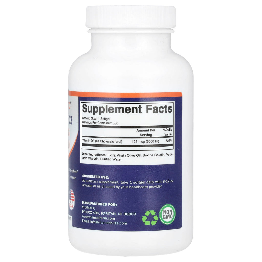 Vitamatic, Vitamin D3, 125 mcg (5,000 IU), 500 Softgels