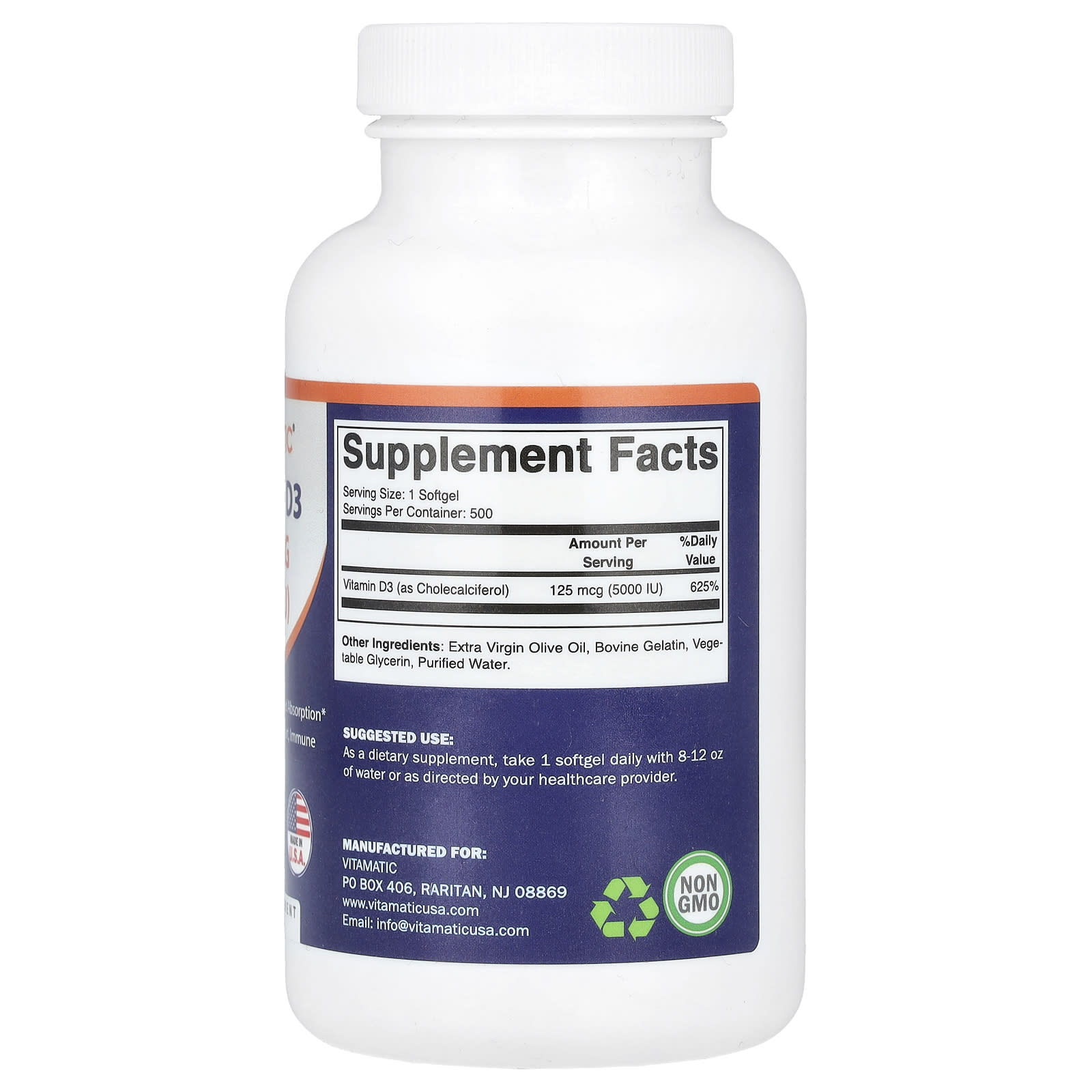Vitamatic, Vitamin D3, 125 mcg (5,000 IU), 500 Softgels