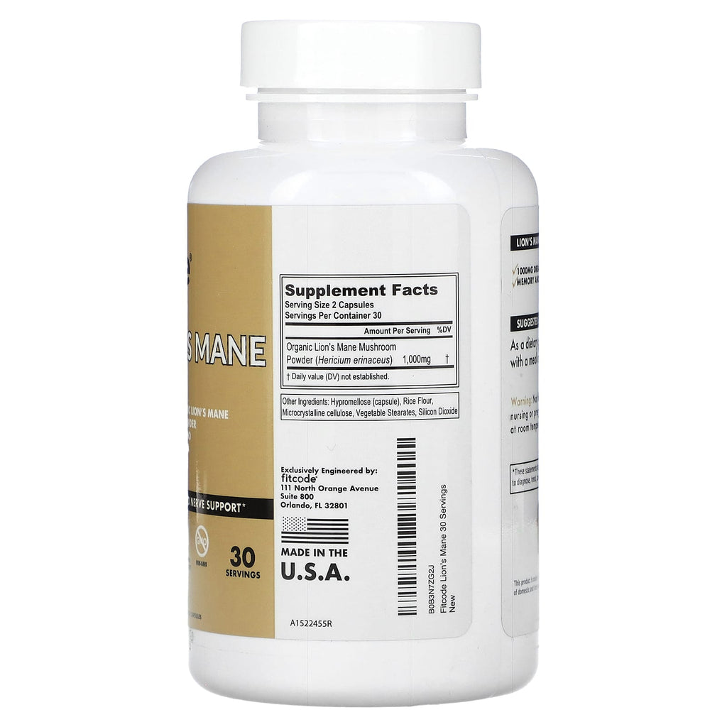 fitcode, Lion's Mane, 60 Veggie Capsules (500 mg per Capsule)