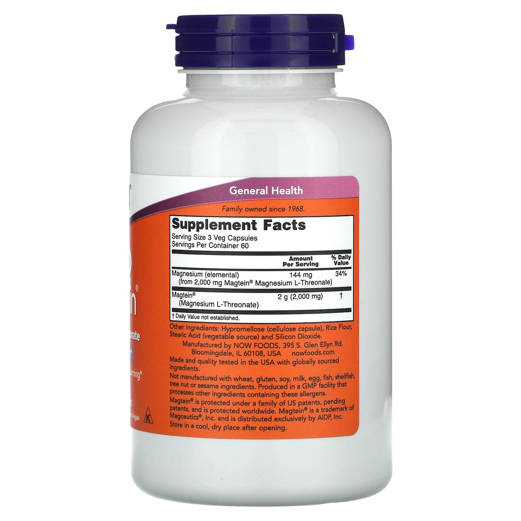 NOW Foods, Magtein®, Magnesium L-Threonate, 180 Veg Capsules