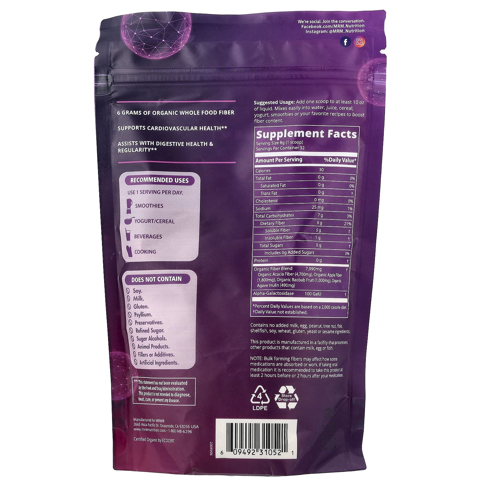 MRM Nutrition, Whole Food, Organic Fiber with Enzymes and Prebiotics, 9.03 oz (256 g)