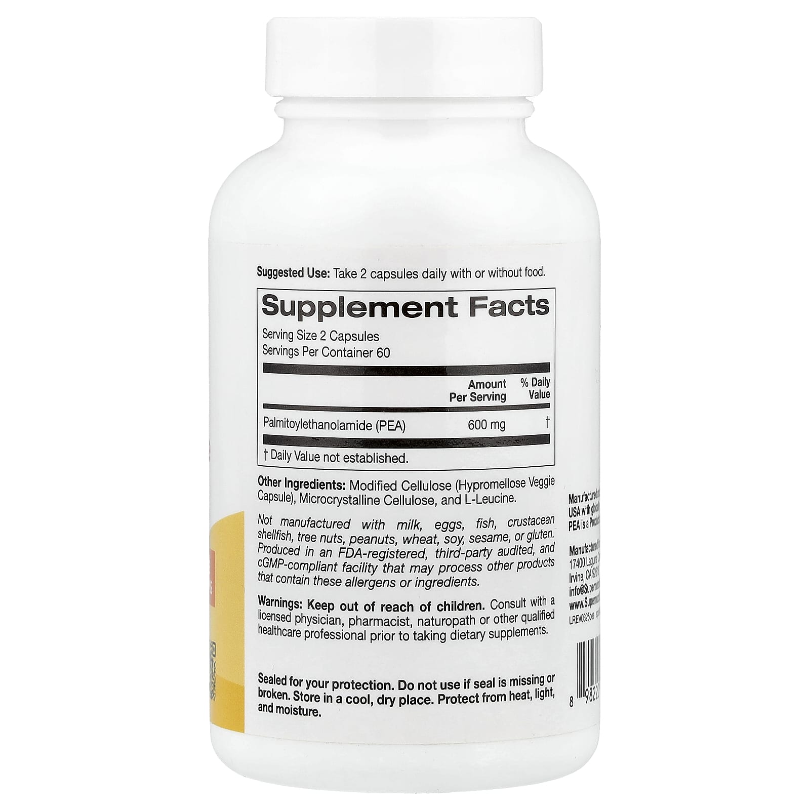 Super Nutrition, PEA (Palmitoylethanolamide), 120 Veggie Capsules (300 mg per Capsule)