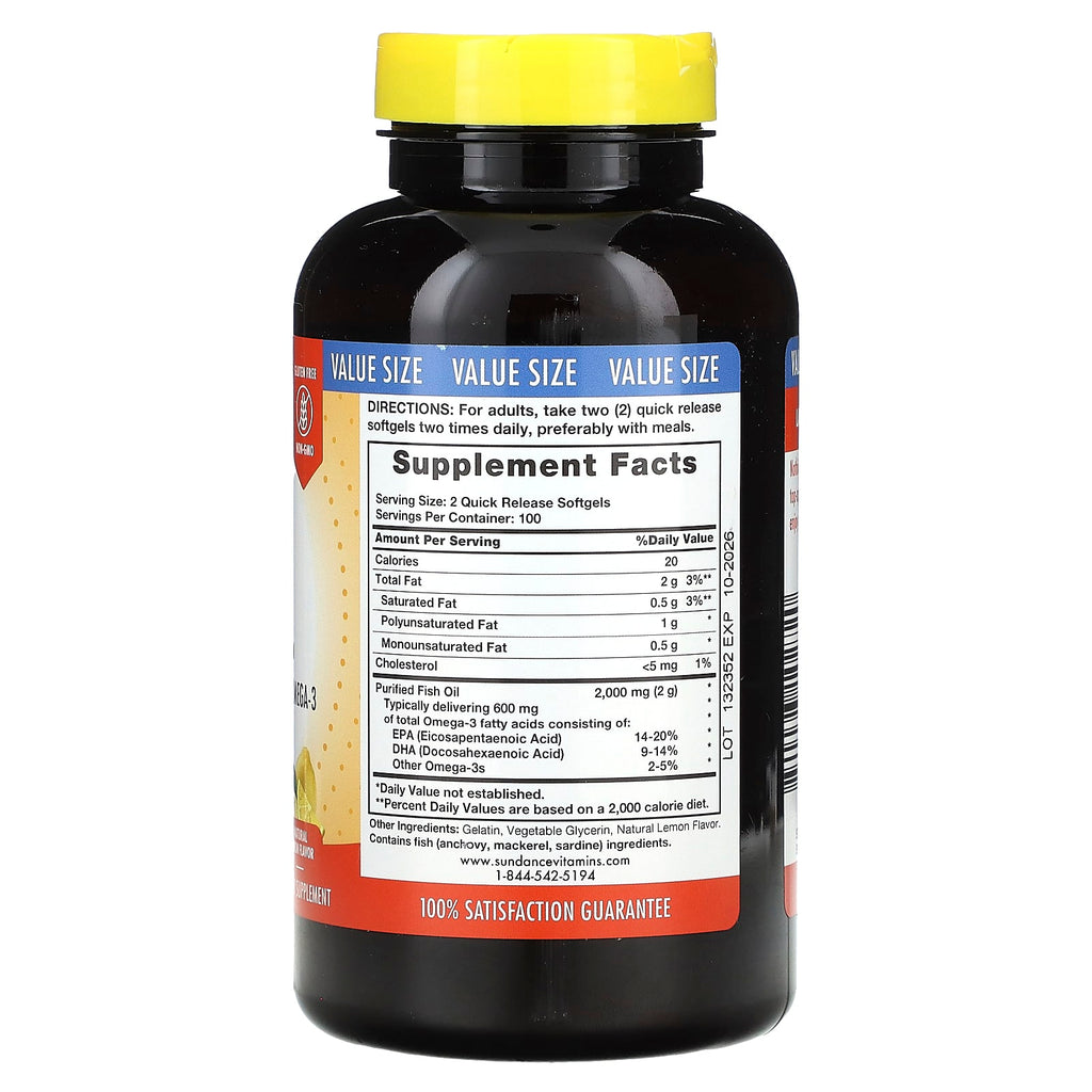Sundance Vitamins, Fish Oil, Natural Lemon, 1,000 mg, 200 Quick Release Softgels