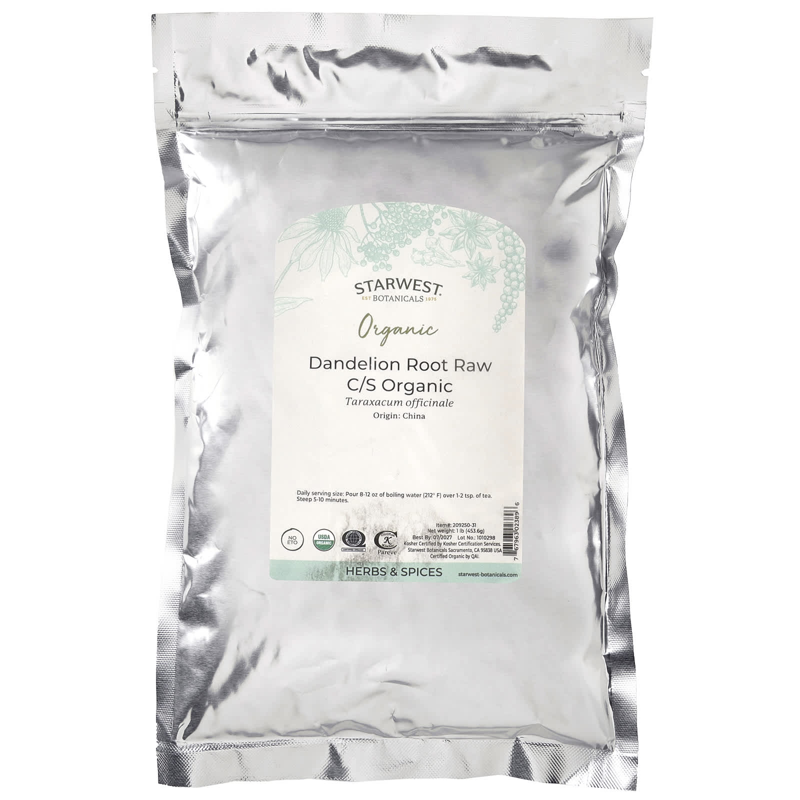 Starwest Botanicals, Organic Dandelion Root Raw C/S, 1 lb (453.6 g)
