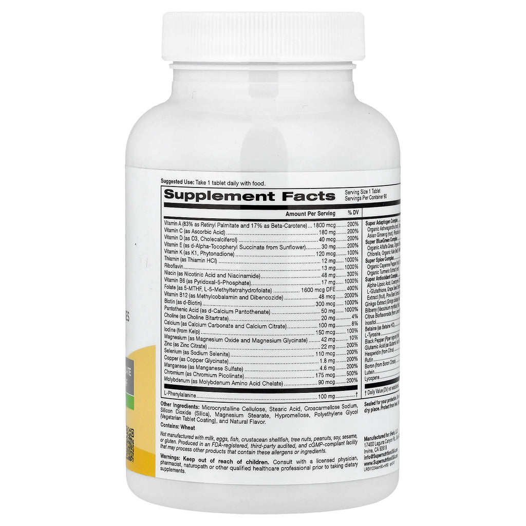 Super Nutrition, Simply One, Men's 50+ Multivitamin with Super Adaptogens, Greens, Spices, & Antioxidant, Iron Free, 90 Tablets