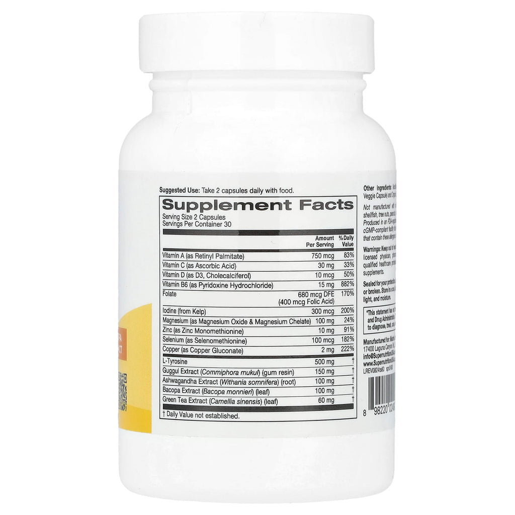 Super Nutrition, Thyroid Support with Guggul, Ashwagandha, Bacopa and Green Tea Extracts, 60 Veggie Capsules
