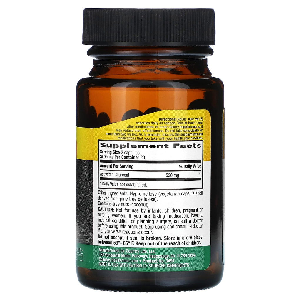 Country Life, Coconut Activated Charcoal, 40 Vegan Capsules (260 mg Per Capsule)