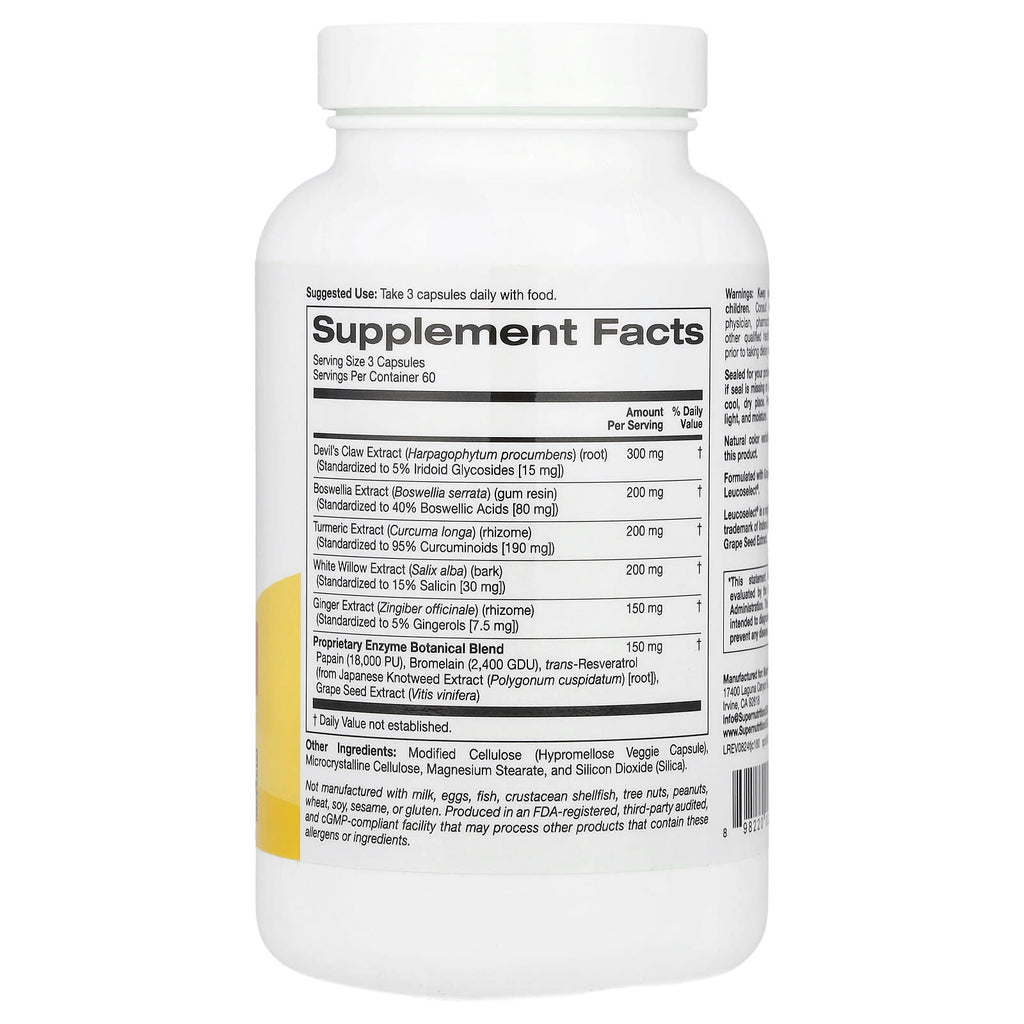 Super Nutrition, Turmeric Joint Complex with Devil's Claw Extract, Boswellia Extract, White Willow Extract, and Ginger Extract, 180 Veggie Capsules