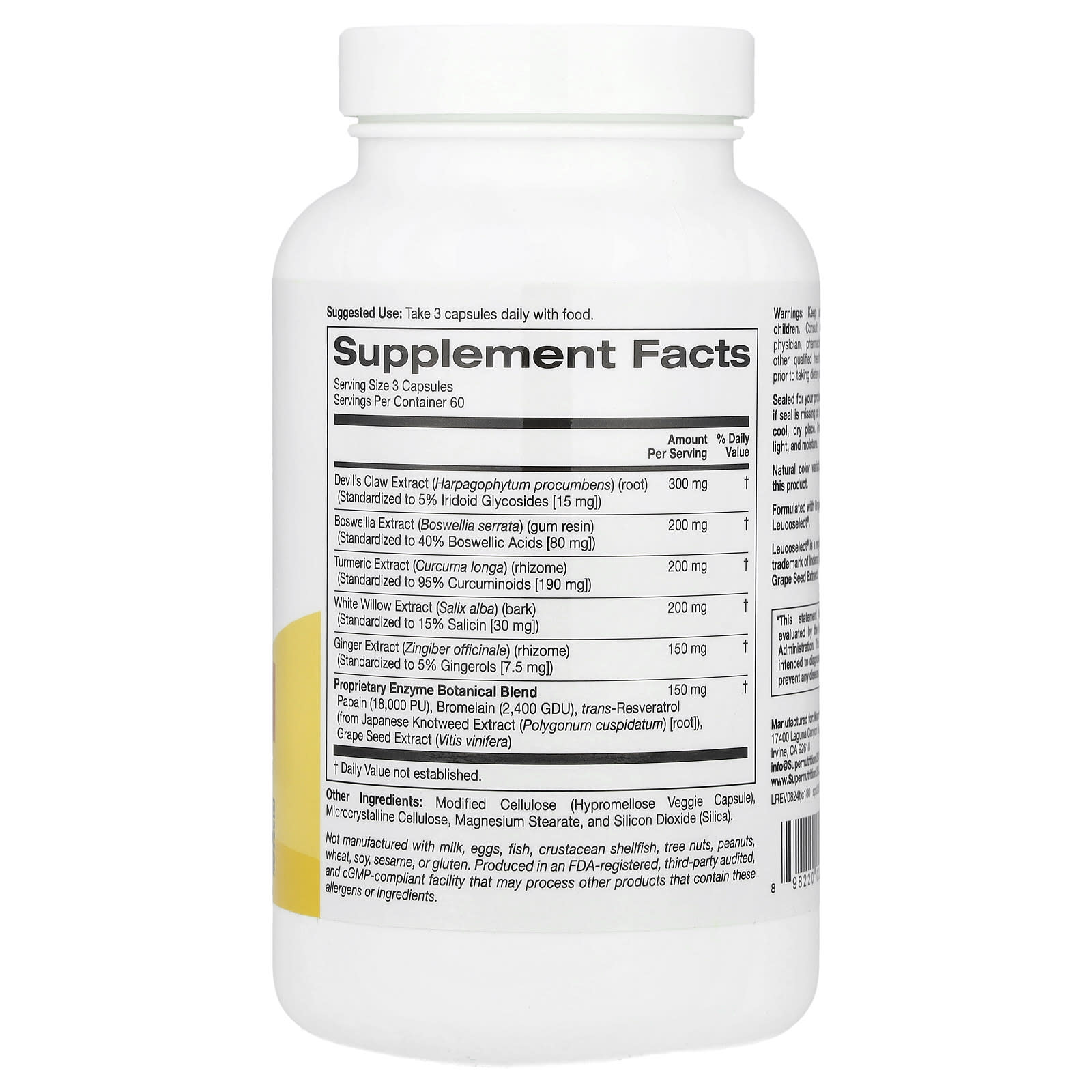 Super Nutrition, Turmeric Joint Complex with Devil's Claw Extract, Boswellia Extract, White Willow Extract, and Ginger Extract, 180 Veggie Capsules