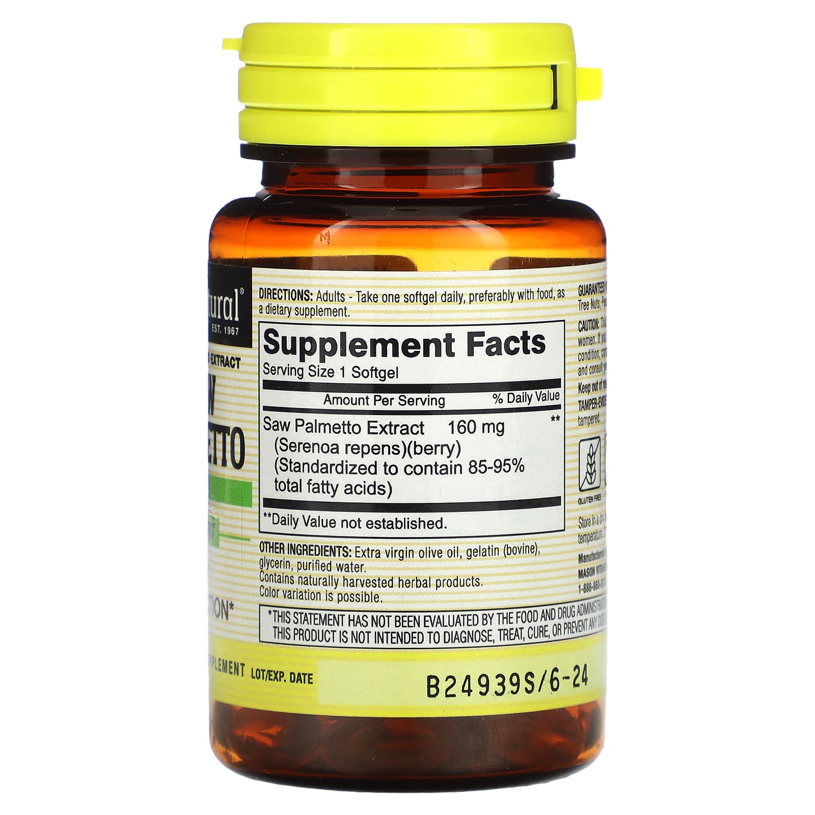 Mason Natural, Saw Palmetto, Standardized Extract, 60 Softgels (160 mg per Softgel)