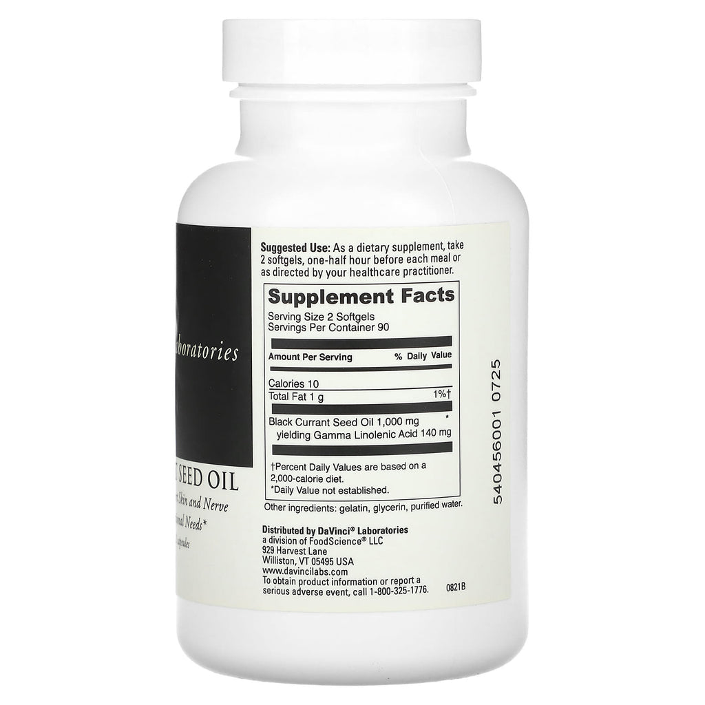 DaVinci Laboratories, Black Currant Seed Oil, 180 Softgels (500 mg per Softgel)