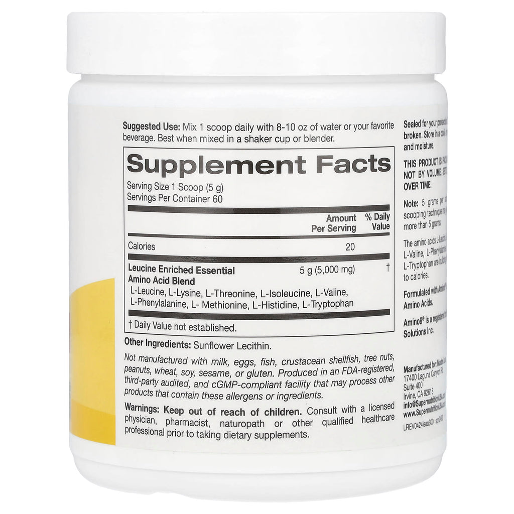 Super Nutrition, Leucine Enriched Essential Amino Acids with L-Leucine, L-Lysine, L-Threonine, and L-Isoleucine, Unflavored, 10.58 oz (300 g)