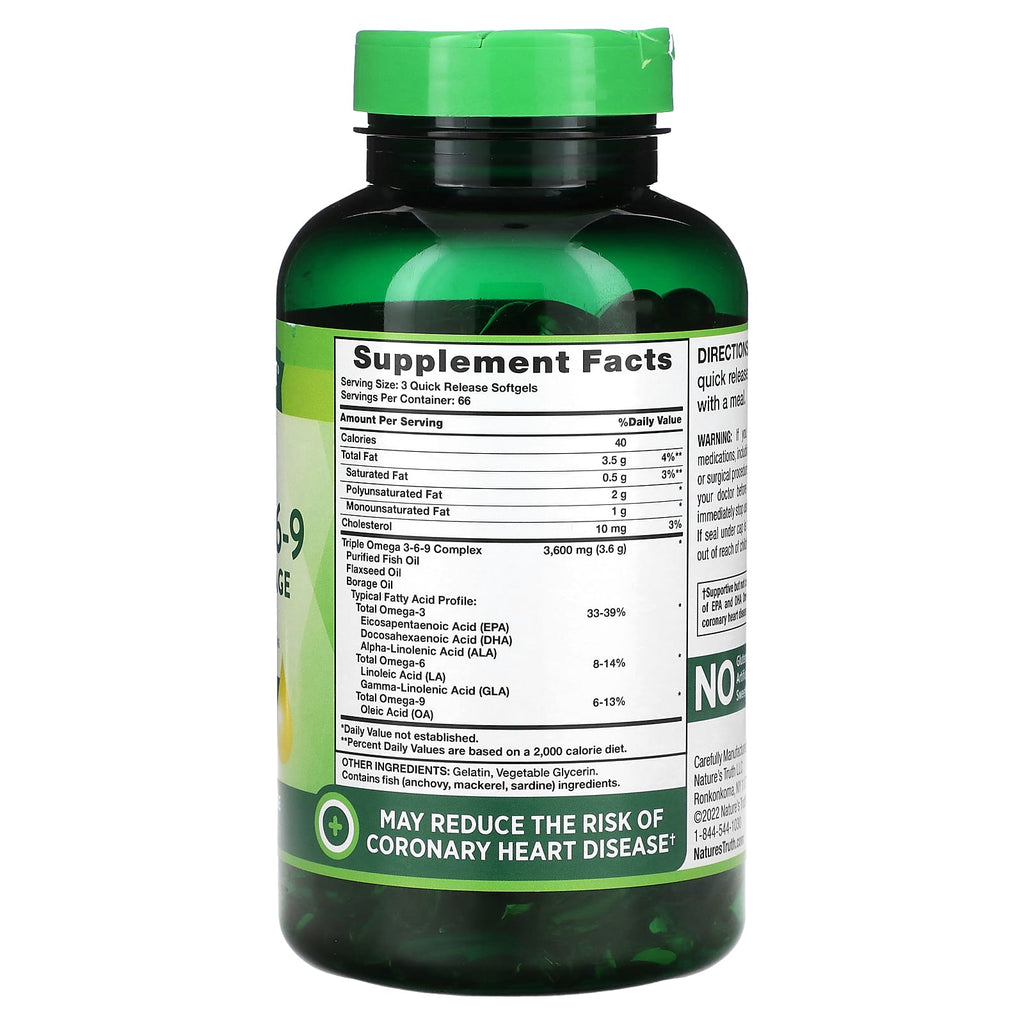 Nature's Truth, Vitamins, Triple Omega 3-6-9, Fish, Flax, Borage, 200 Quick Release Softgels