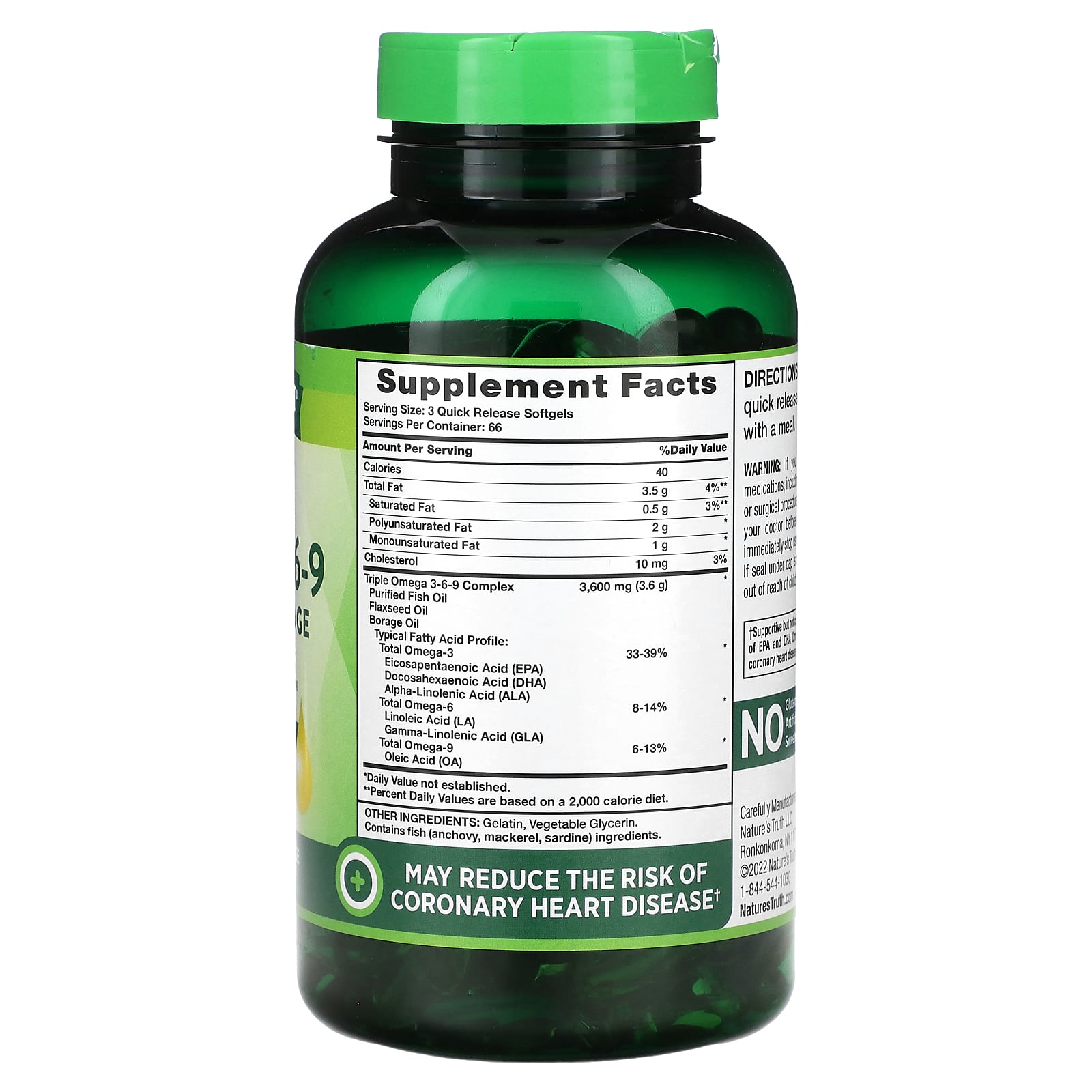 Nature's Truth, Vitamins, Triple Omega 3-6-9, Fish, Flax, Borage, 200 Quick Release Softgels